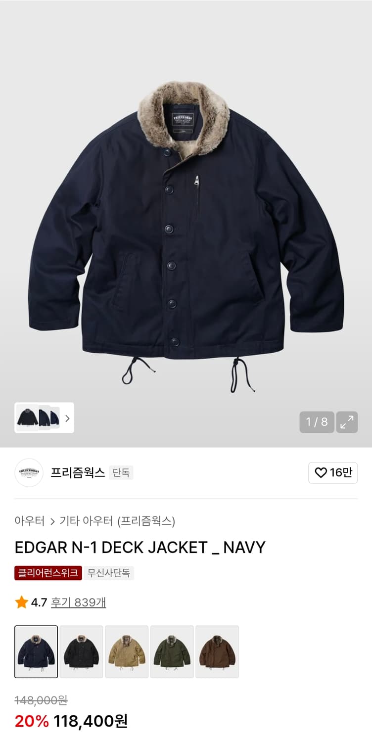 105)FrizmWORKS 프리즘웍스 N-1덱자켓 퍼카라 네이비 상품이미지2