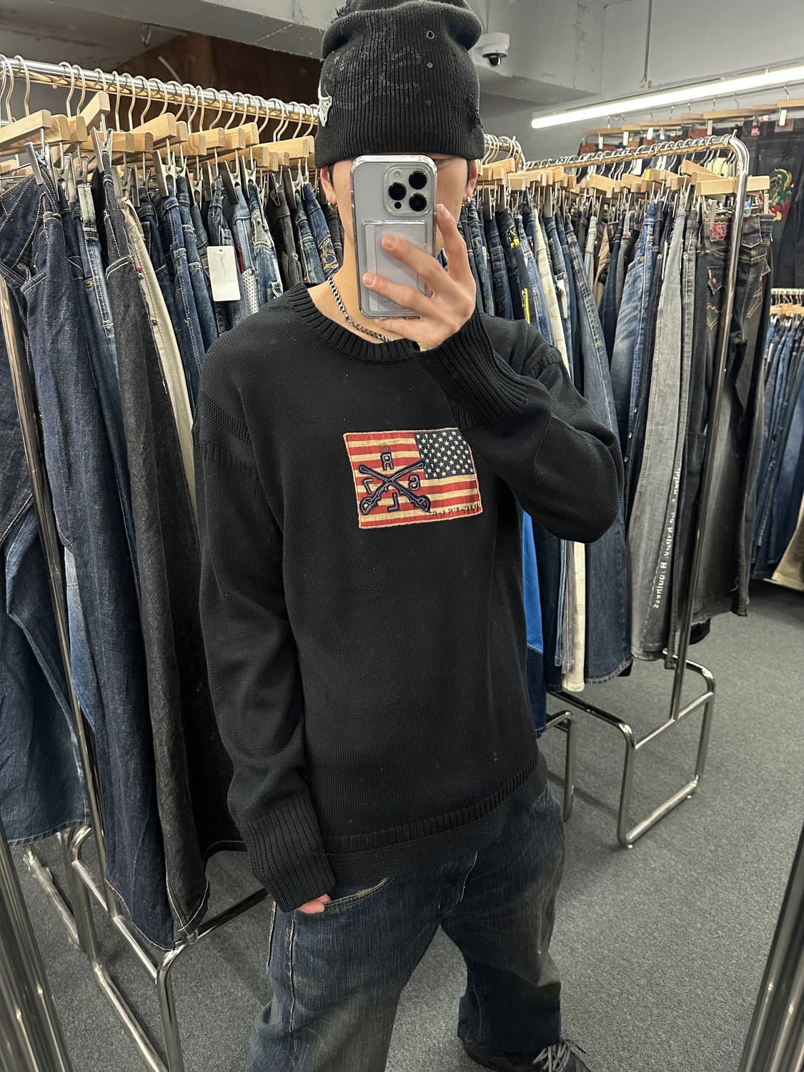 XL) 폴로 진스 성조기 블랙 니트 스웨터 상품이미지1