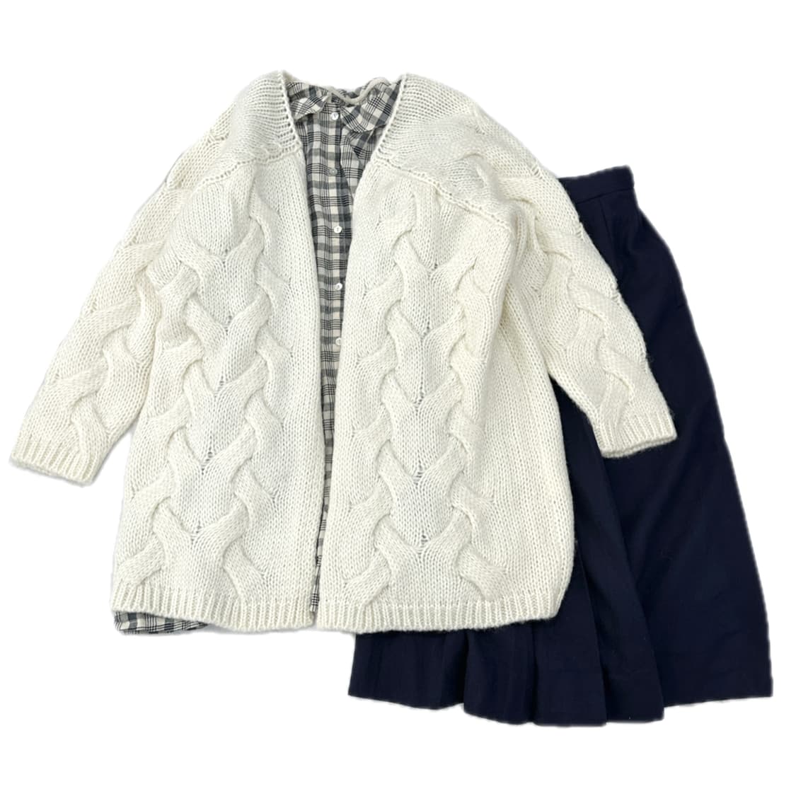 🍰사와코의 겨울 준비 코디세트🍰 체크 셔츠 모직 롱치마 꽈베기 니트 상품이미지2