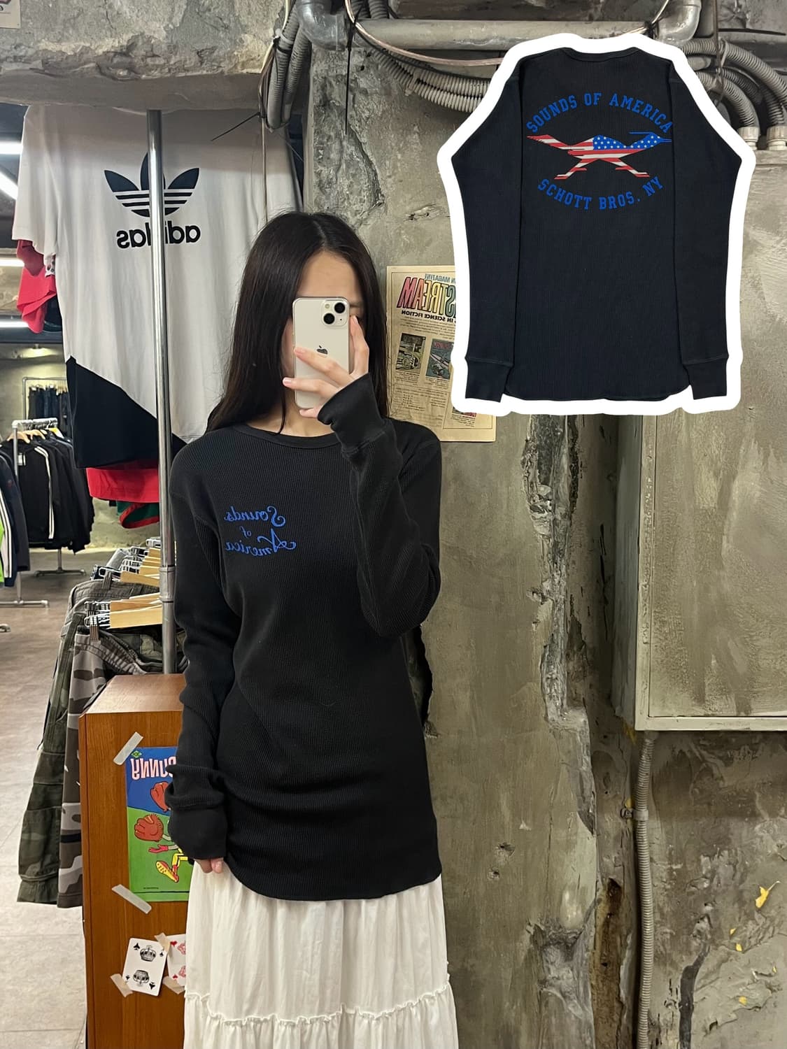 쇼트 프린팅 와플 긴팔티 블랙 #csz1168 상품이미지1