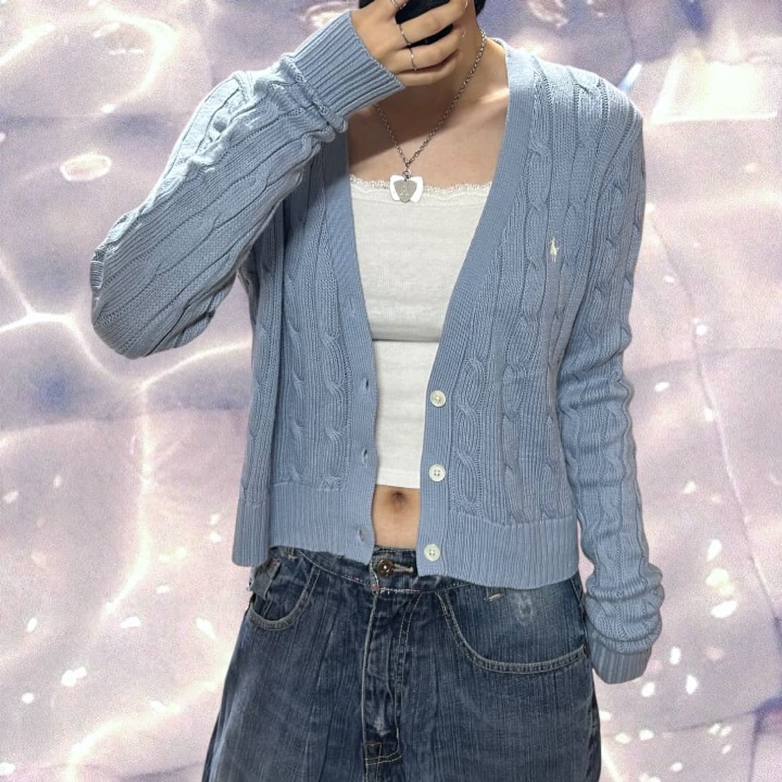 폴로 랄프로렌 신형 큐알 브이넥 꽈배기 니트 가디건 스카이블루 소라 L 상품이미지3