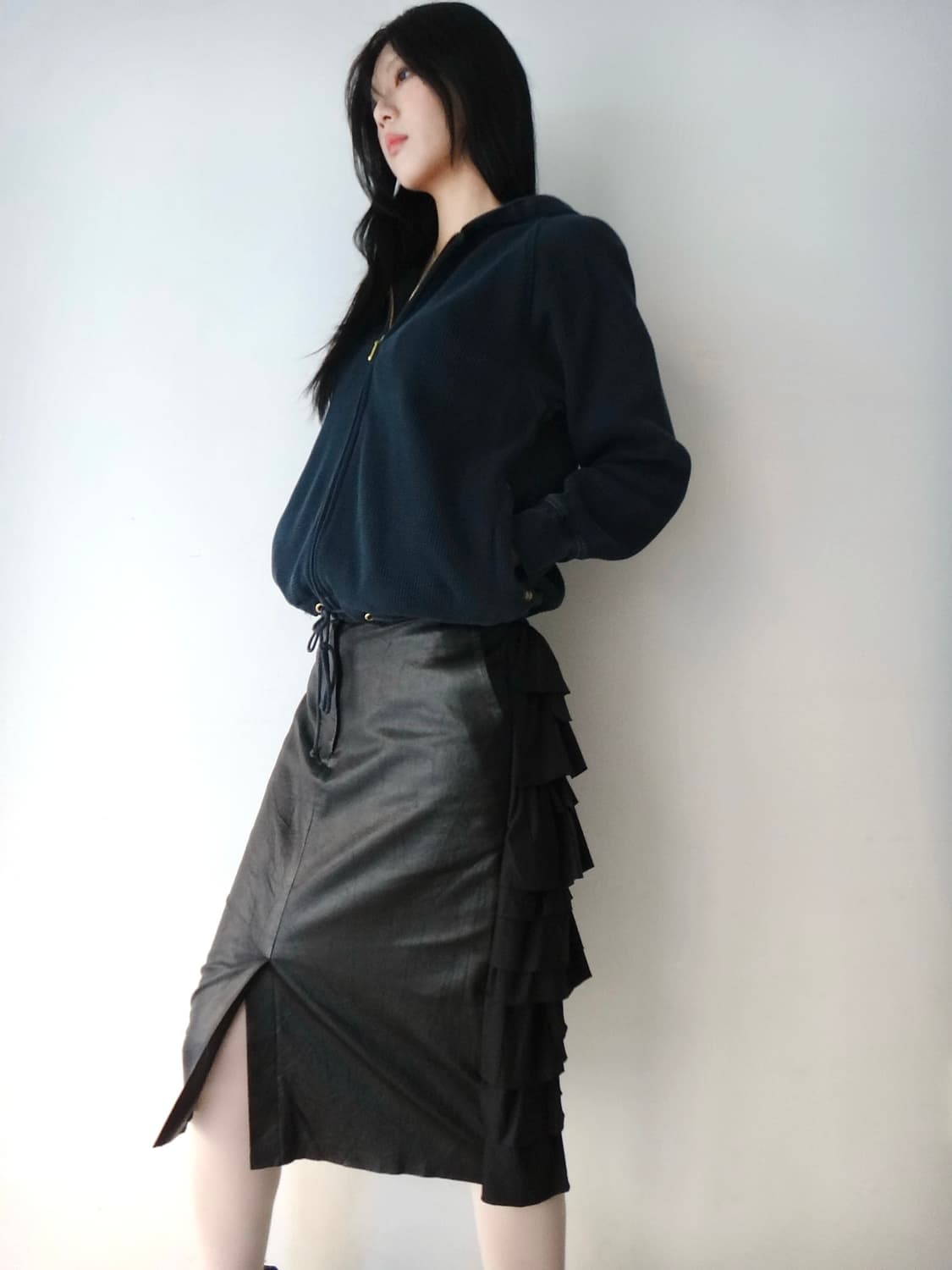 Facade leather & flare skirt / black 상품이미지9