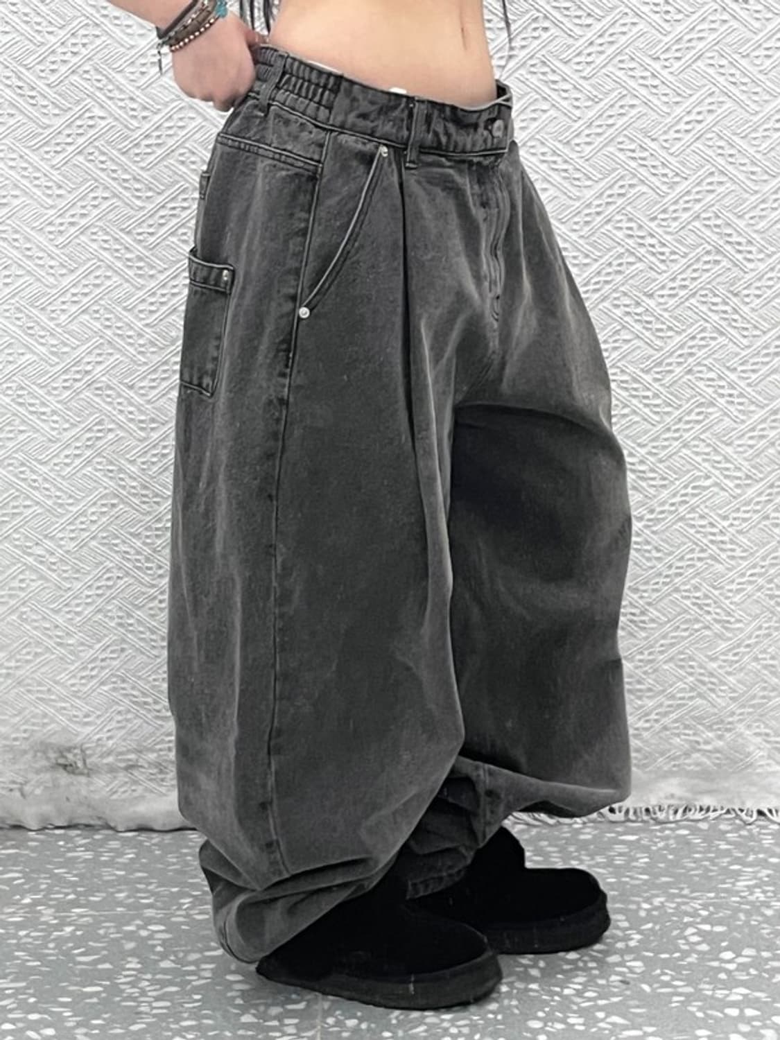 엑스톤즈 빈티지 스트릿 힙합 벌룬핏 흑청 데님팬츠 L C10368 상품이미지1