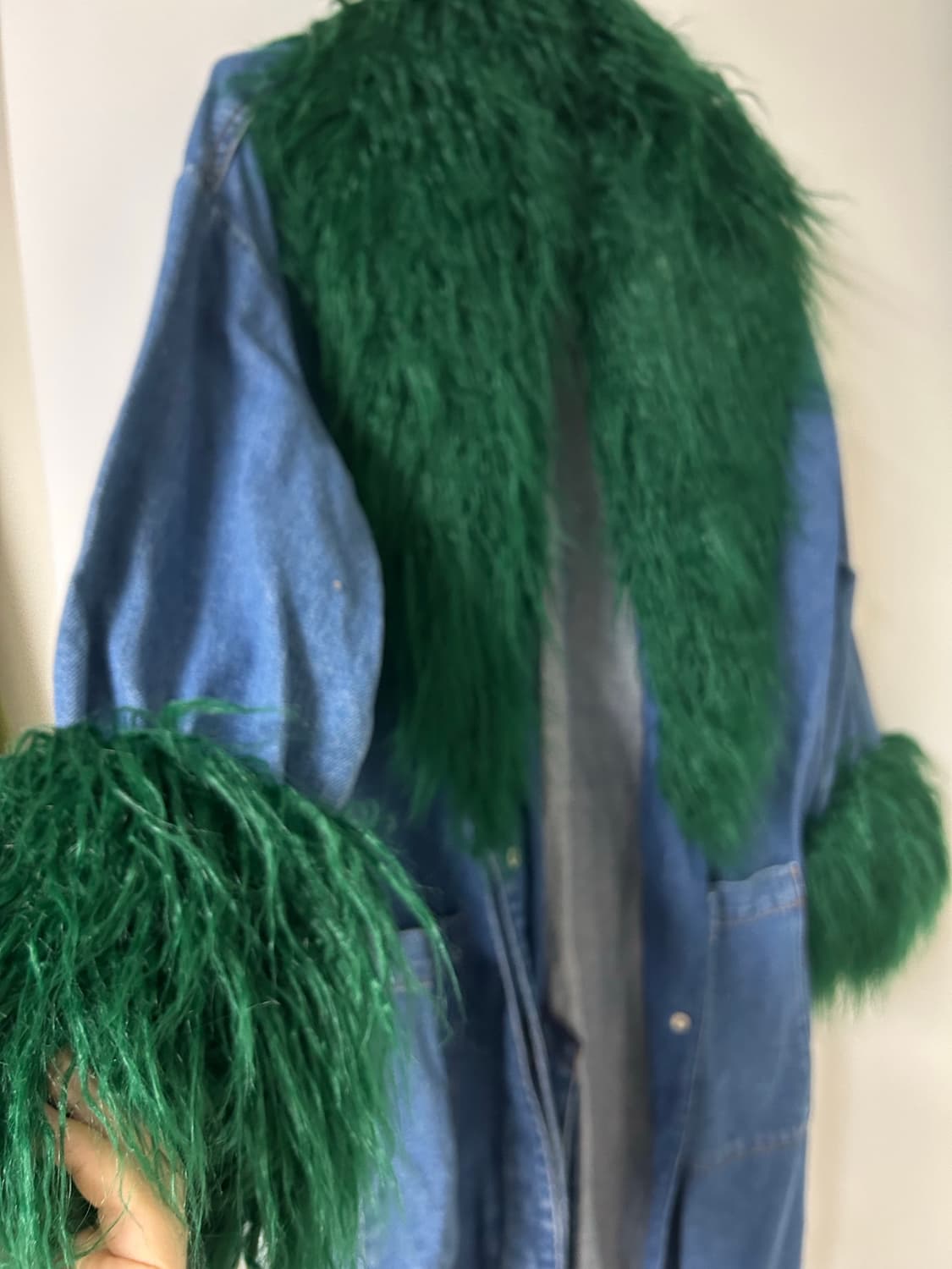 자라(zara) 데님 롱 코트, 그린 퍼 트리밍 상품이미지3