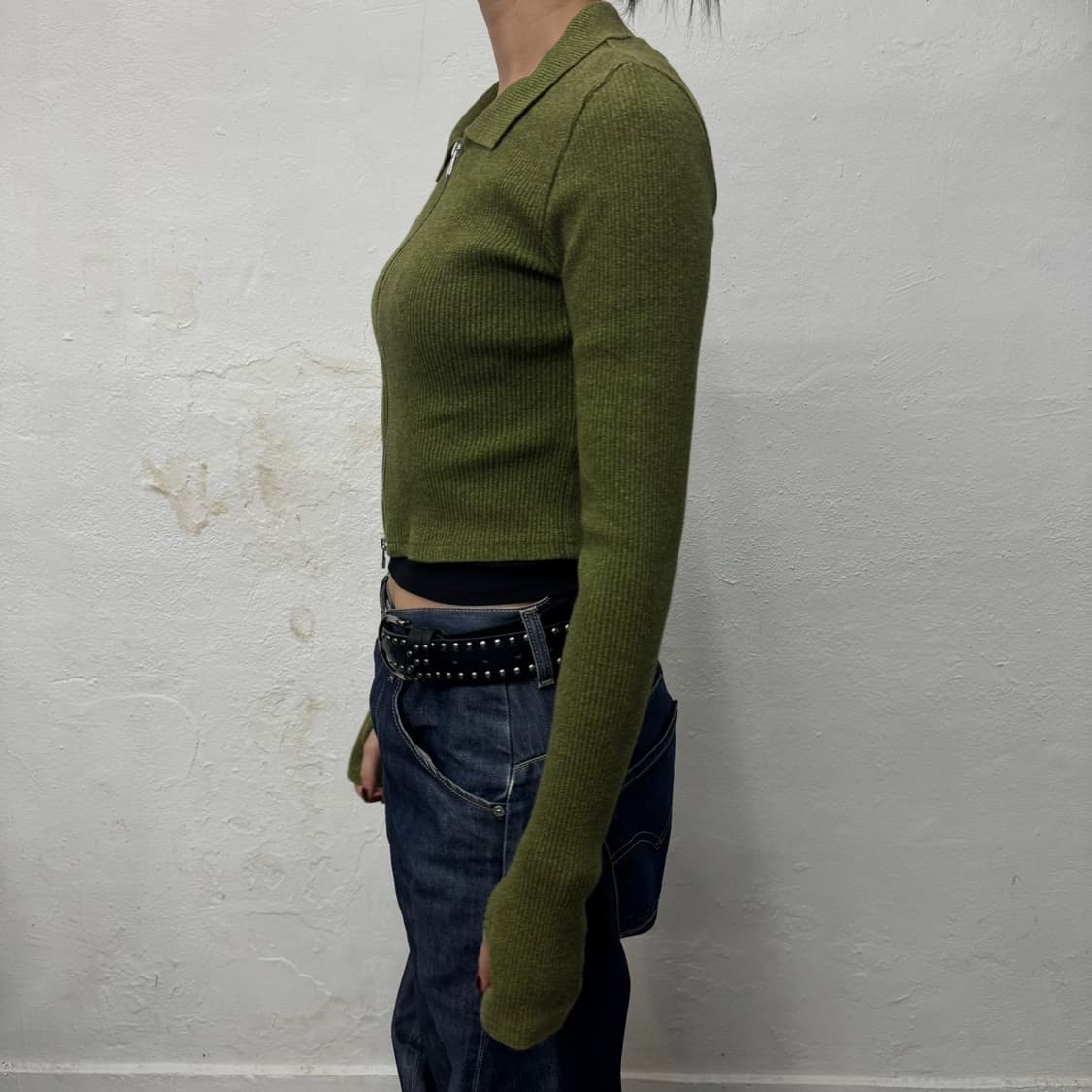 SLY JAPAN 올리브컬러 워시드 리브드 쇼트 집업 가디건 상품이미지2