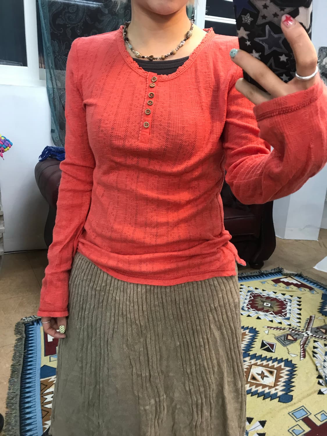 제페니즈 빈티지 여성 펀칭 헨리넥 긴팔 티  상품이미지1