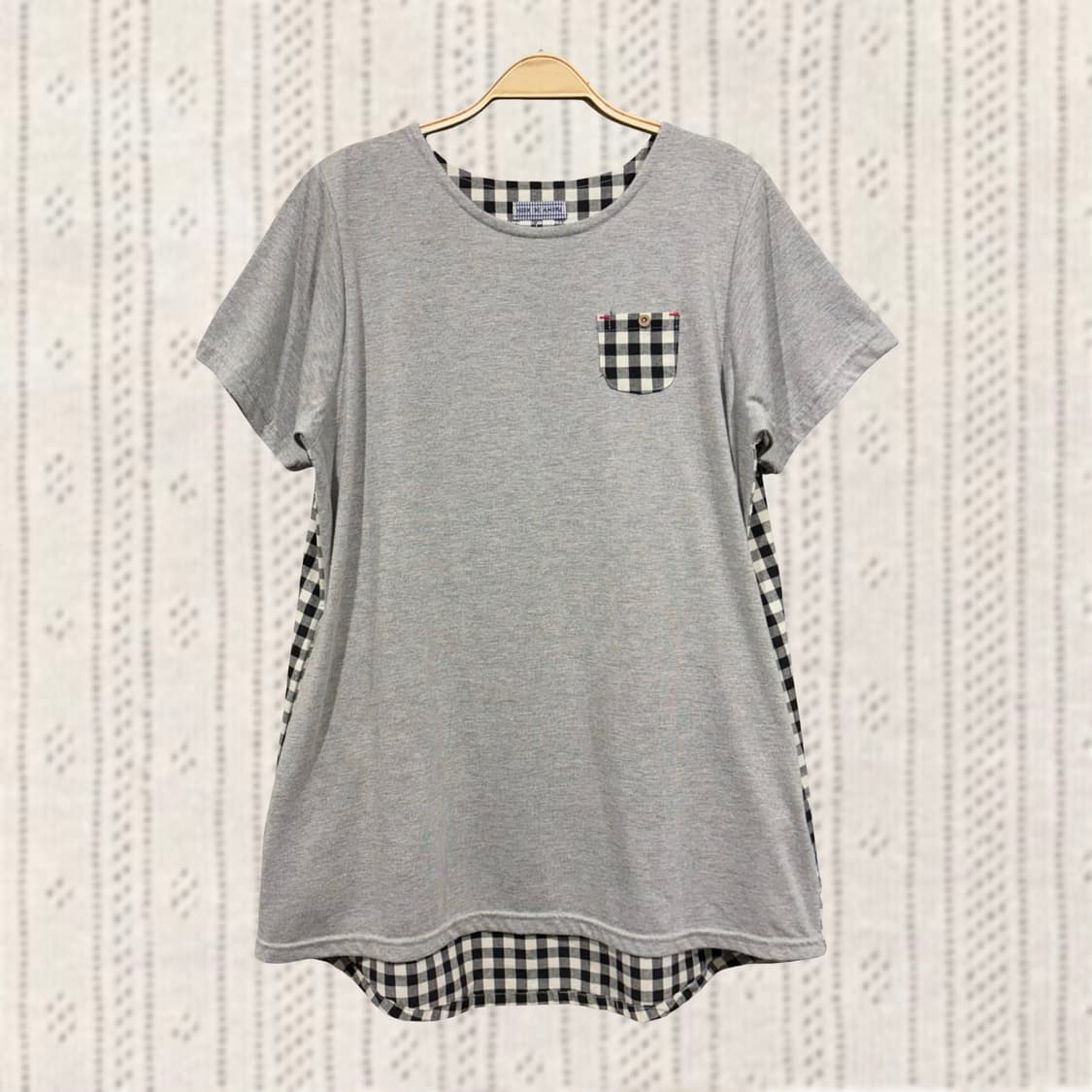 일본 빈티지 코지 그레이 체크 배색 모리 반팔 티셔츠 상품이미지1