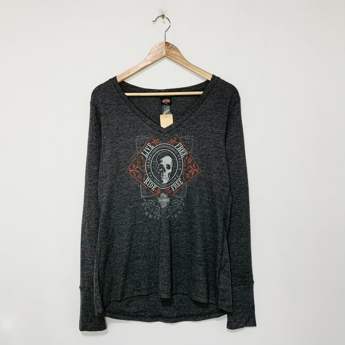 할리데이비슨 브이넥 스컬 프린팅 빈티지 롱슬리브 핸드워머 긴팔 티셔츠 상품이미지1