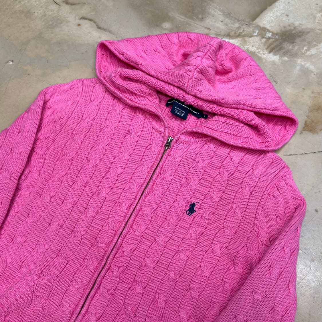 L 폴로랄프로렌 여성용 핑크 케이블 후드 니트 집업 상품이미지1