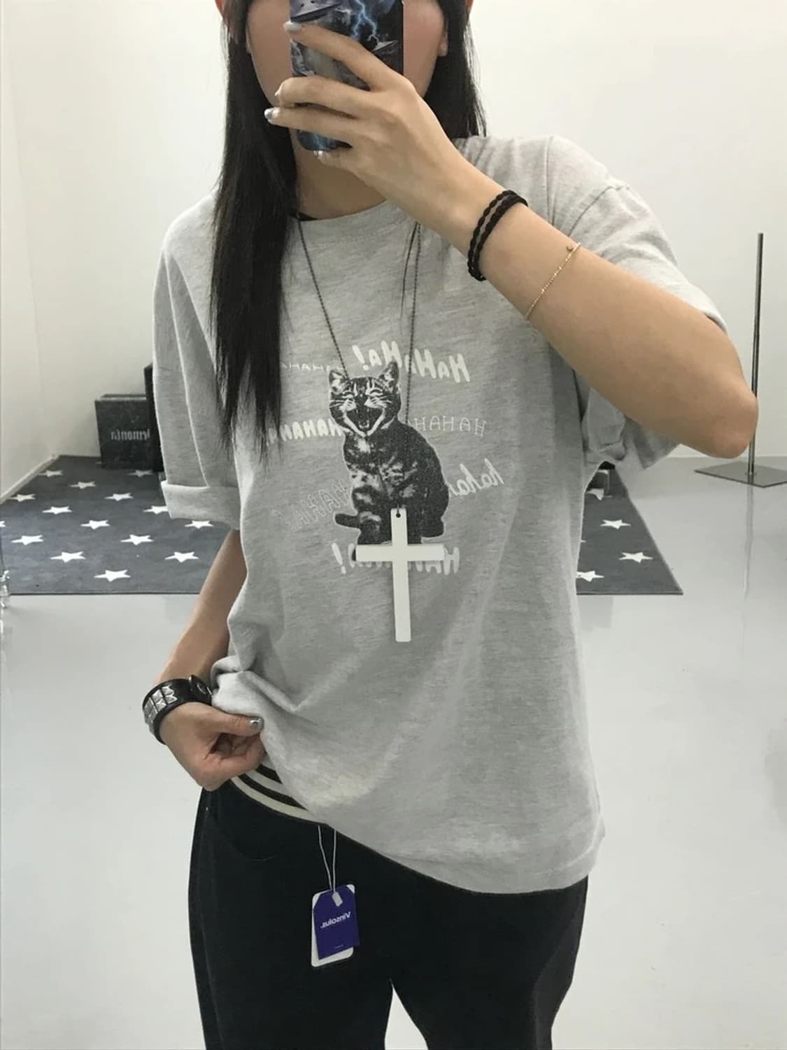 빔즈 고양이 프린팅 그레이 반팔 상품이미지2