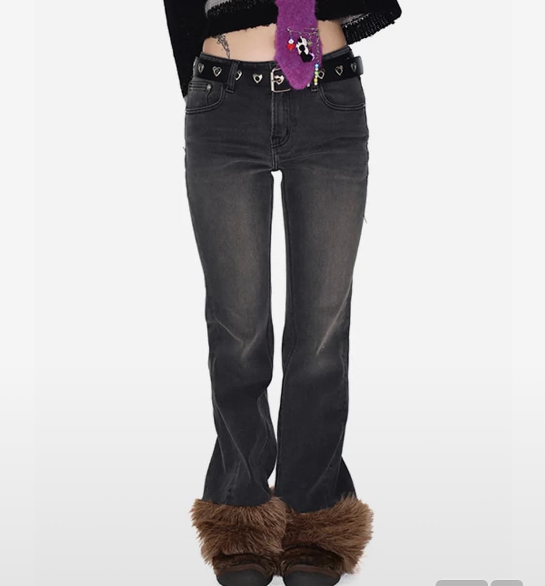 유스베스 Fur hem denim pants black 상품이미지1