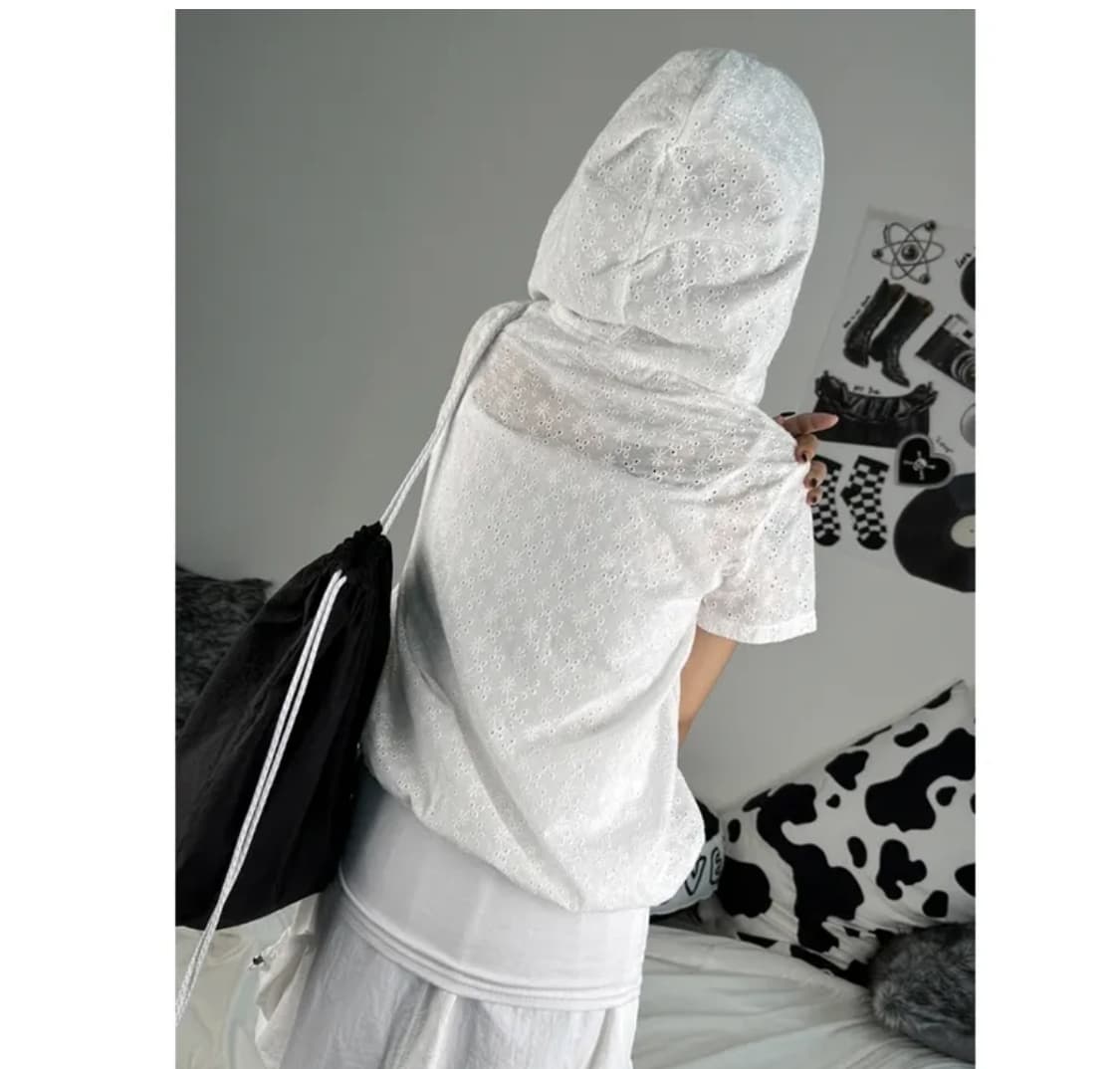 키미스 후드 펀칭 레이스 플라워 아일렛 빈티지 셔츠 가디건 화이트 상품이미지3