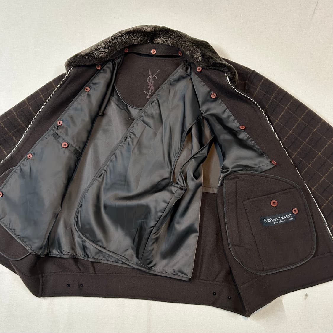 L) YSL 입생로랑 브라운 양털 퍼 울 코트 자켓 상품이미지5