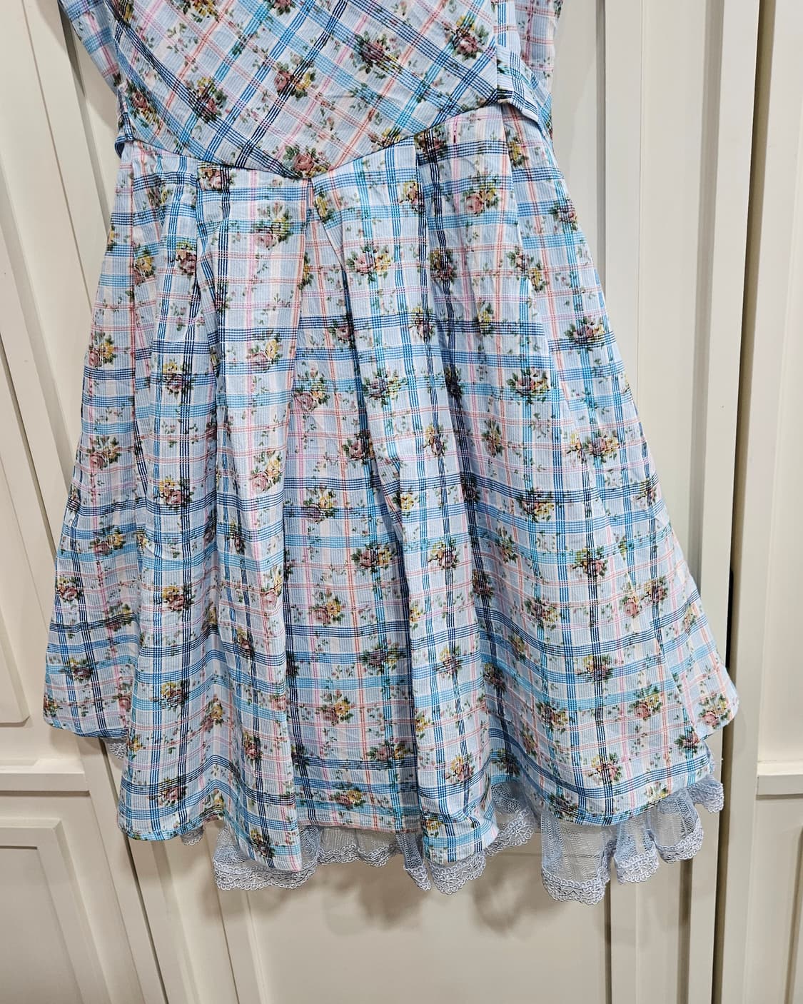 블루 체크 플라워 레이스 원피스 상품이미지3