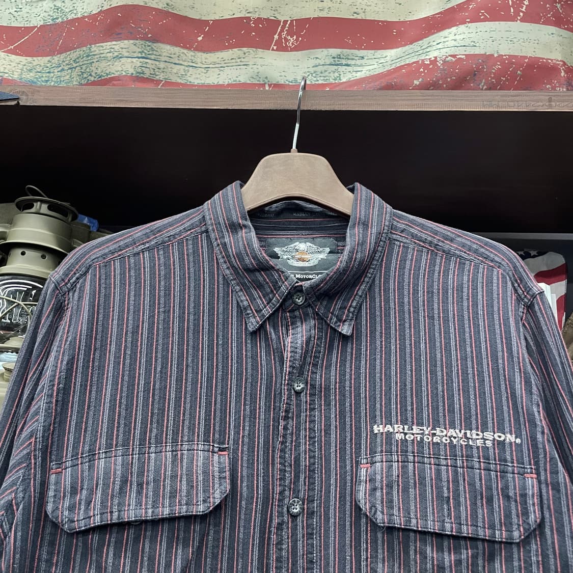 00s 할리데이비슨 모터 사이클 스트라이프 셔츠 상품이미지3