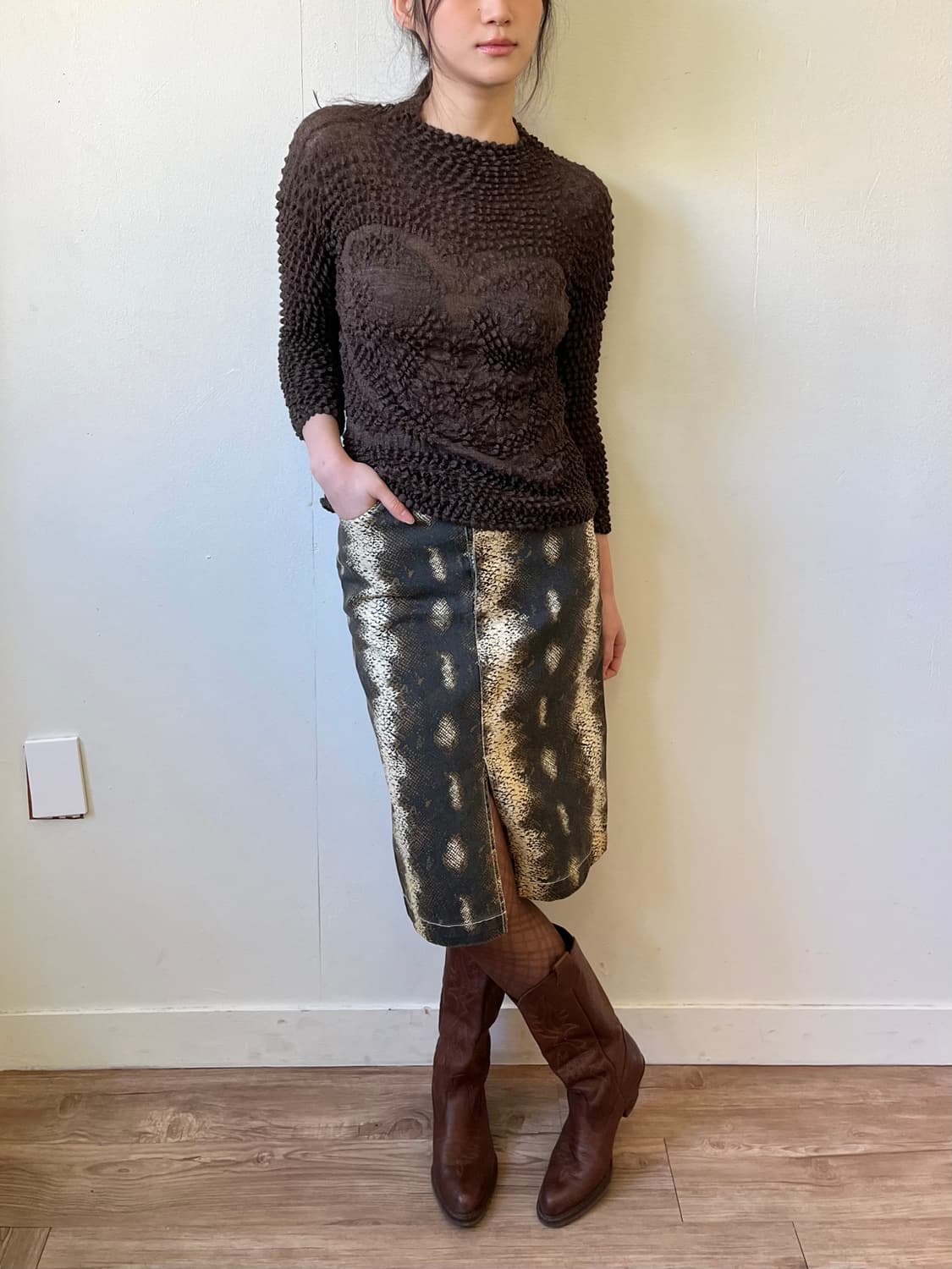 Japan Vtg 올리브 텍스쳐 탑 상품이미지6