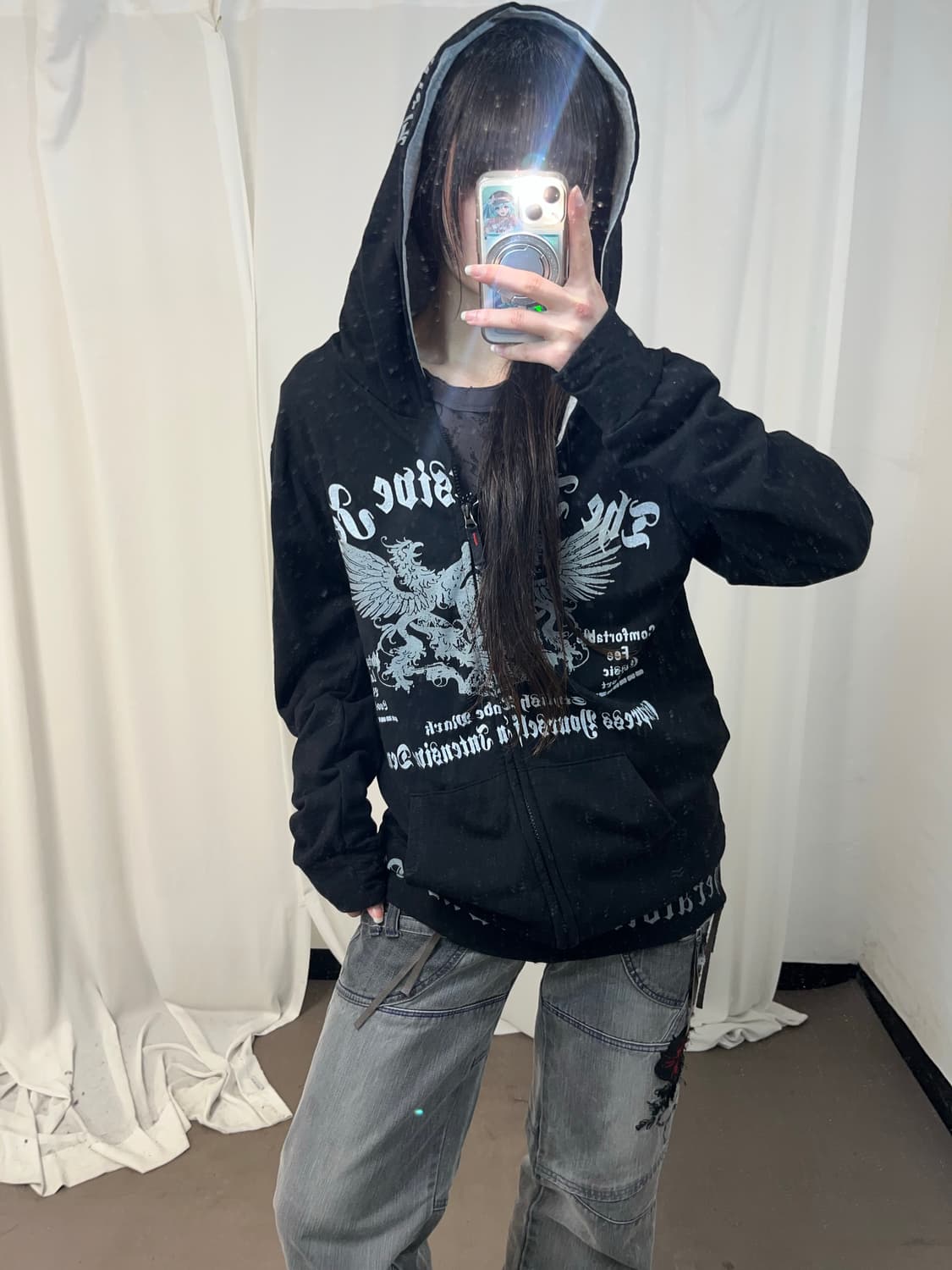 블랙 펑크 프린팅 후드집업 상품이미지1