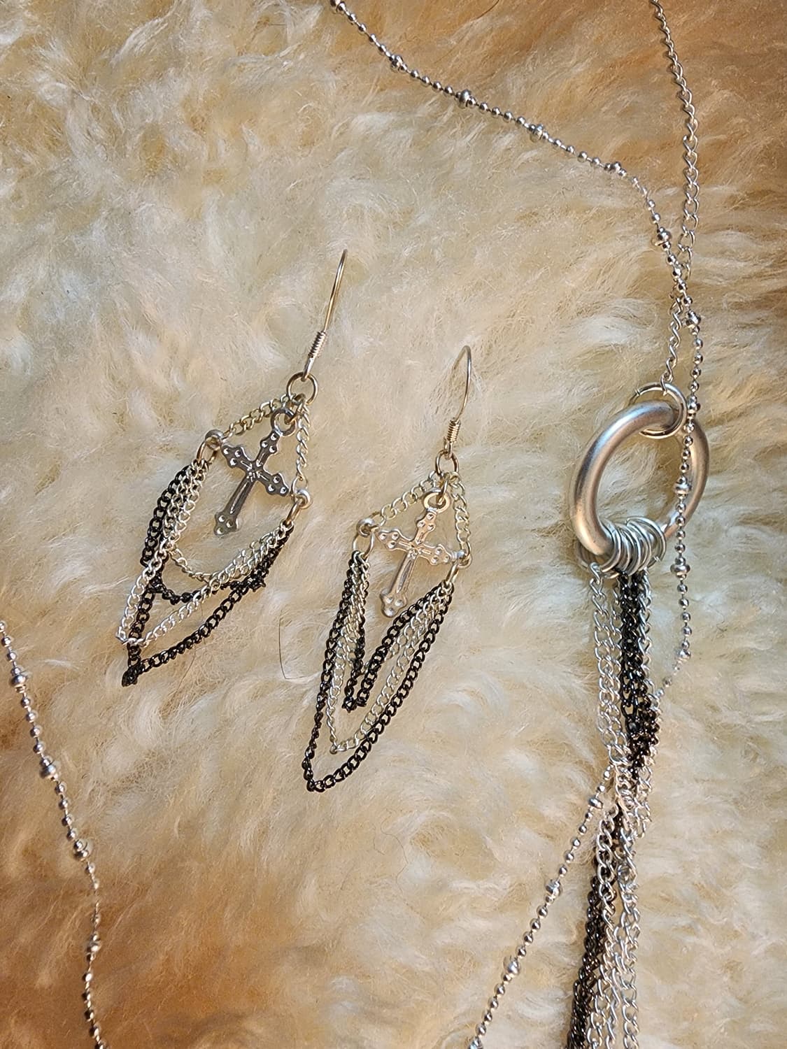 무광실버 레이어드 크로스 목걸이 귀걸이 세트 상품이미지1