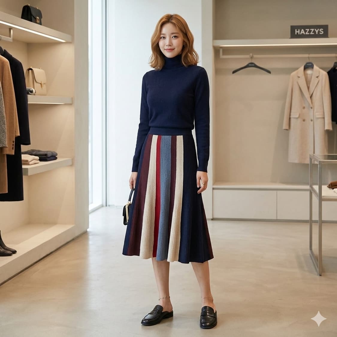 헤지스 니트 플리츠 미디 스커트 55 | 배색 스트라이프 상품이미지1