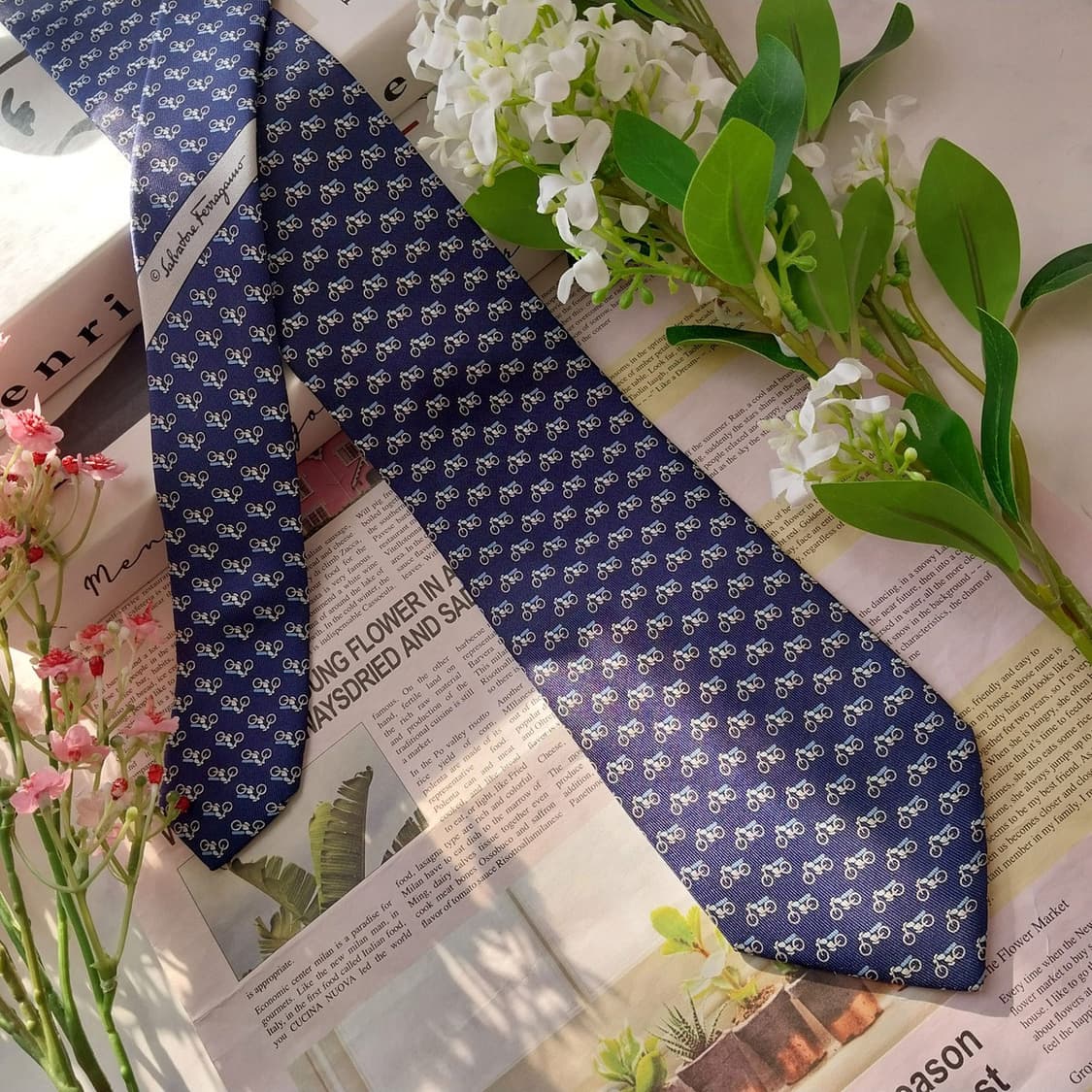 페라가모 실크 네이비 바이크 패턴 넥타이 8cm B등급 k1666 상품이미지4