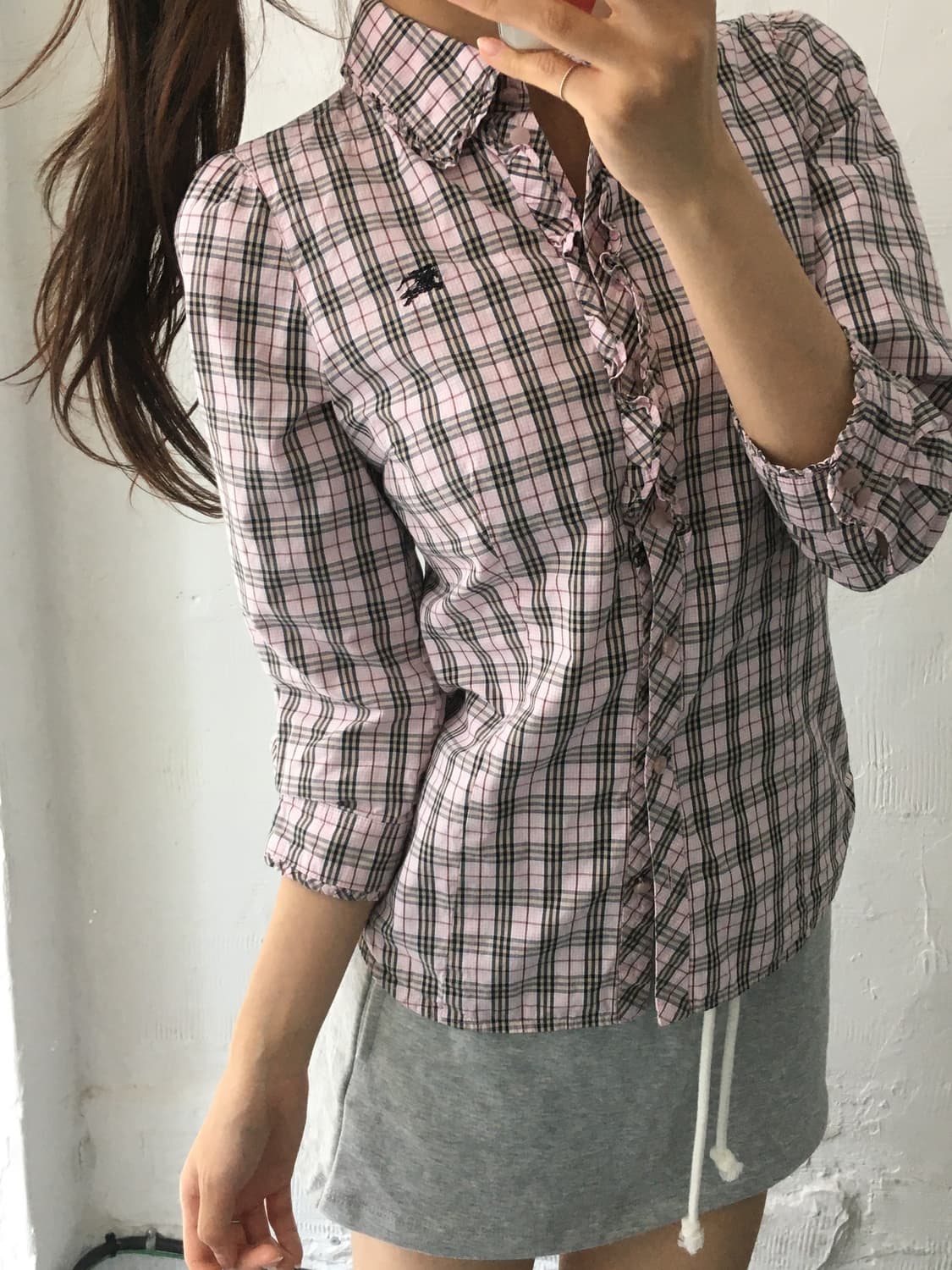 버버리 블루라벨 기마로고 핑크노바체크 프릴 7부 셔츠 블라우스 상품이미지2