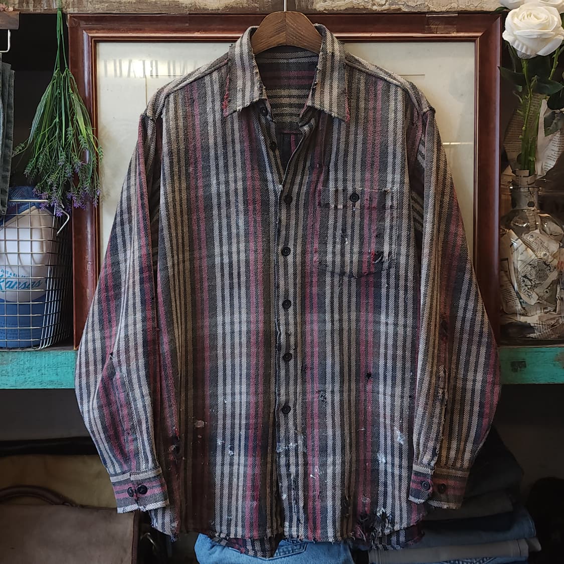 90s 빈티지 체크셔츠 헤비 플란넬 워크셔츠 썬페이딩 스트라이프 L 상품이미지1