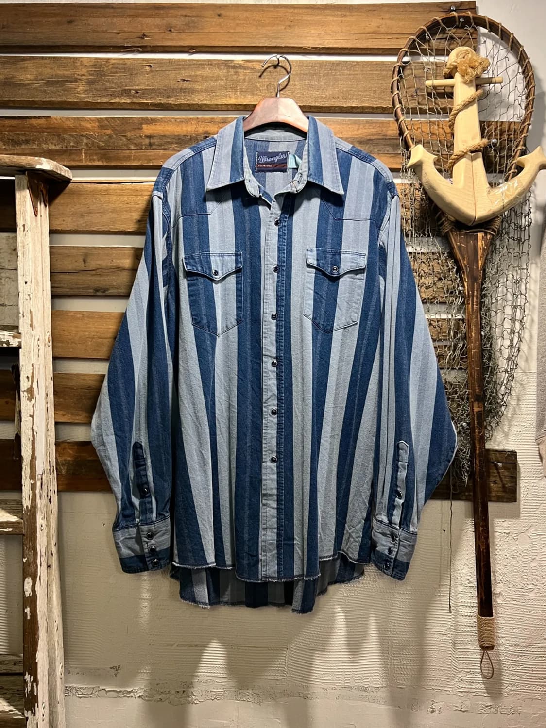 [2XL]90s 랭글러 USA 블루 다잉 스트라이프 버튼다운 웨스턴 셔츠 상품이미지1