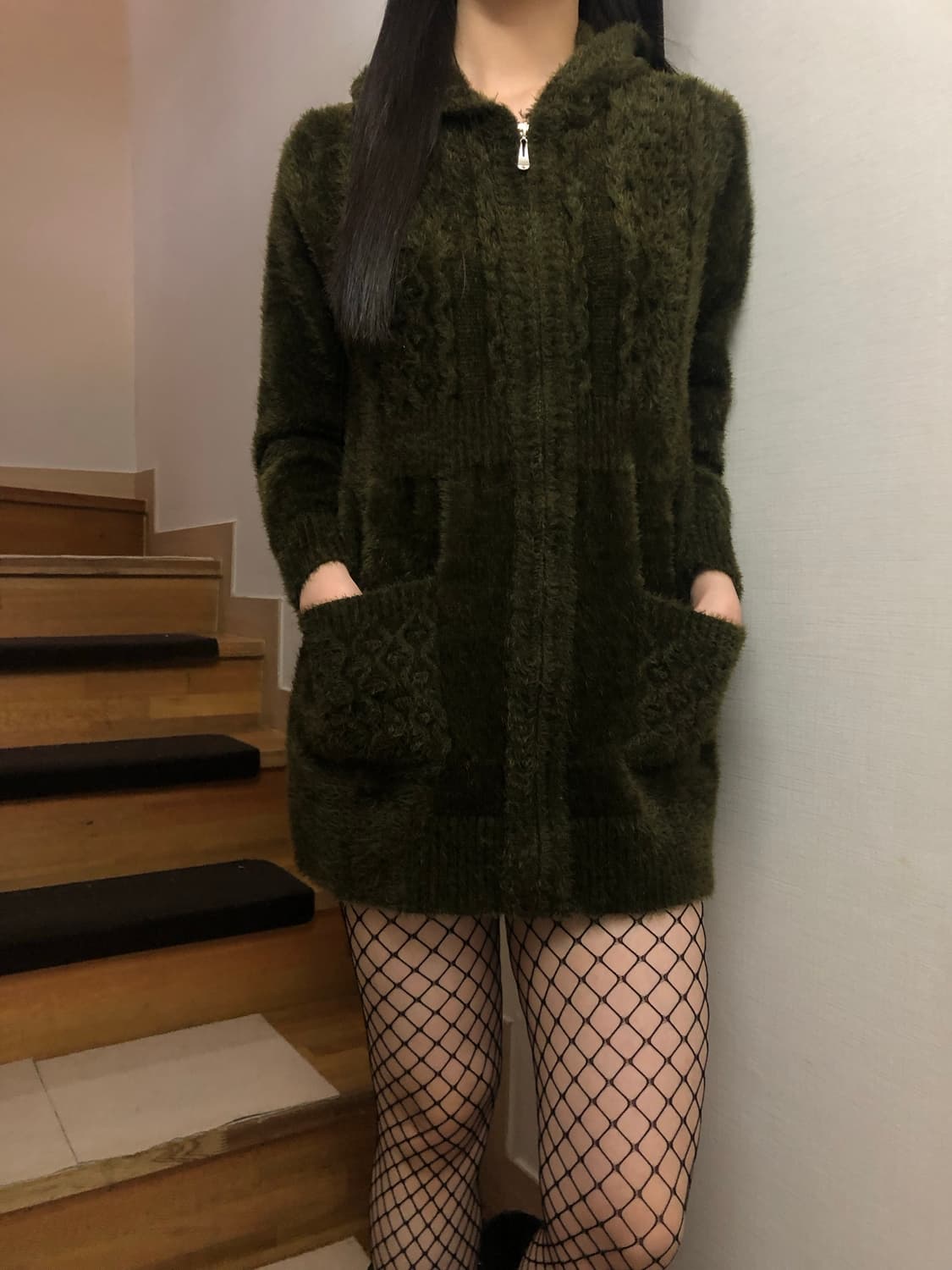 빈티지 후드 카키 롱 집업 상품이미지1