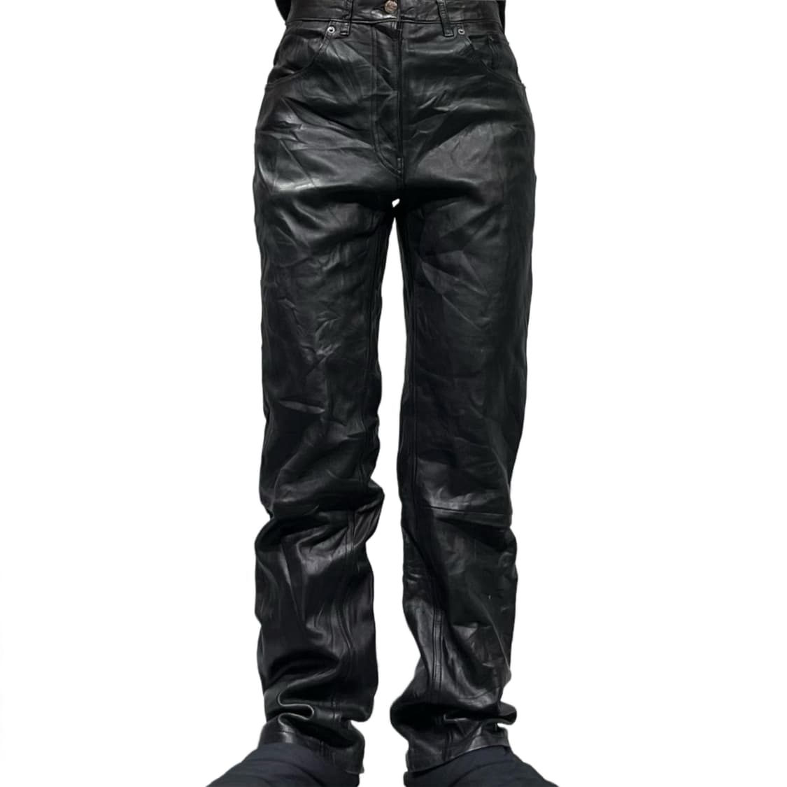 블랙 레더 스트레이트 팬츠 상품이미지1
