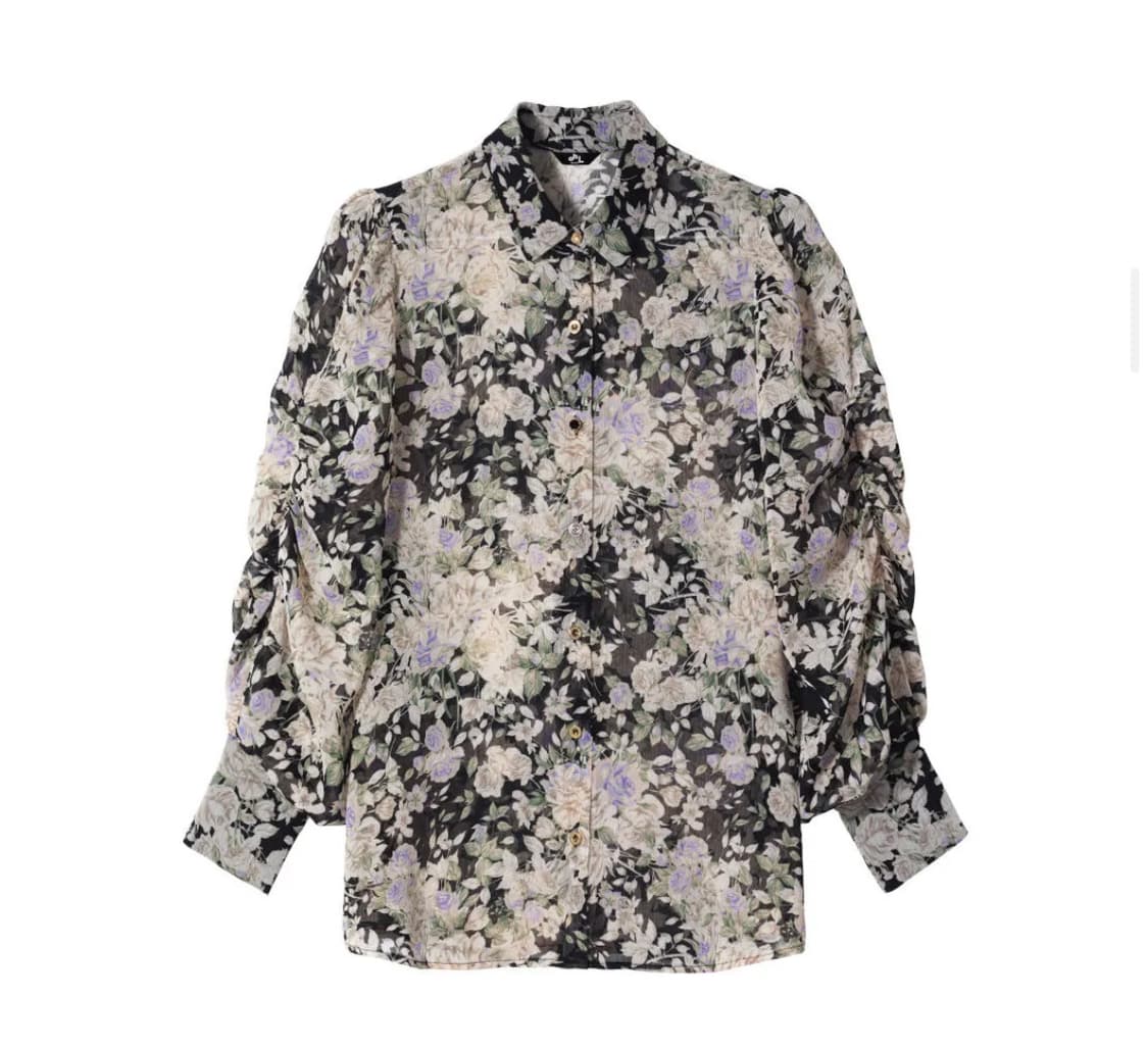 오앨 플라워 퍼프 셔링 블라우스 블랙 상품이미지4