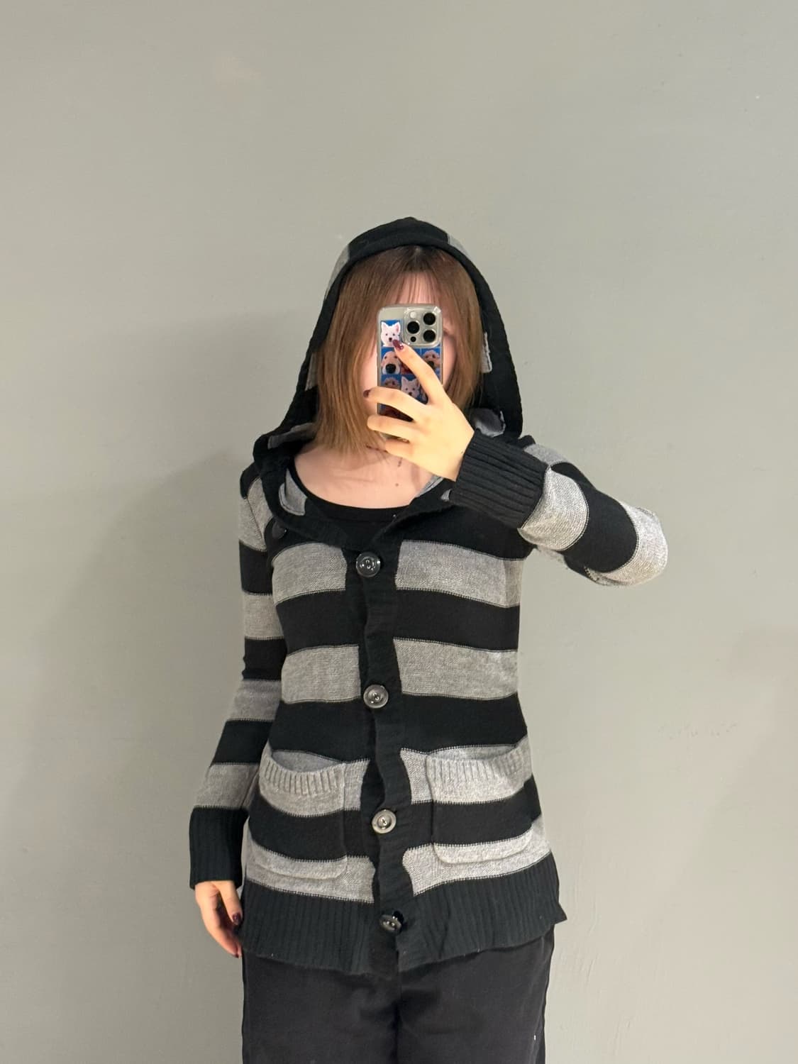 stripe pattern button-up hood cardigan 상품이미지2