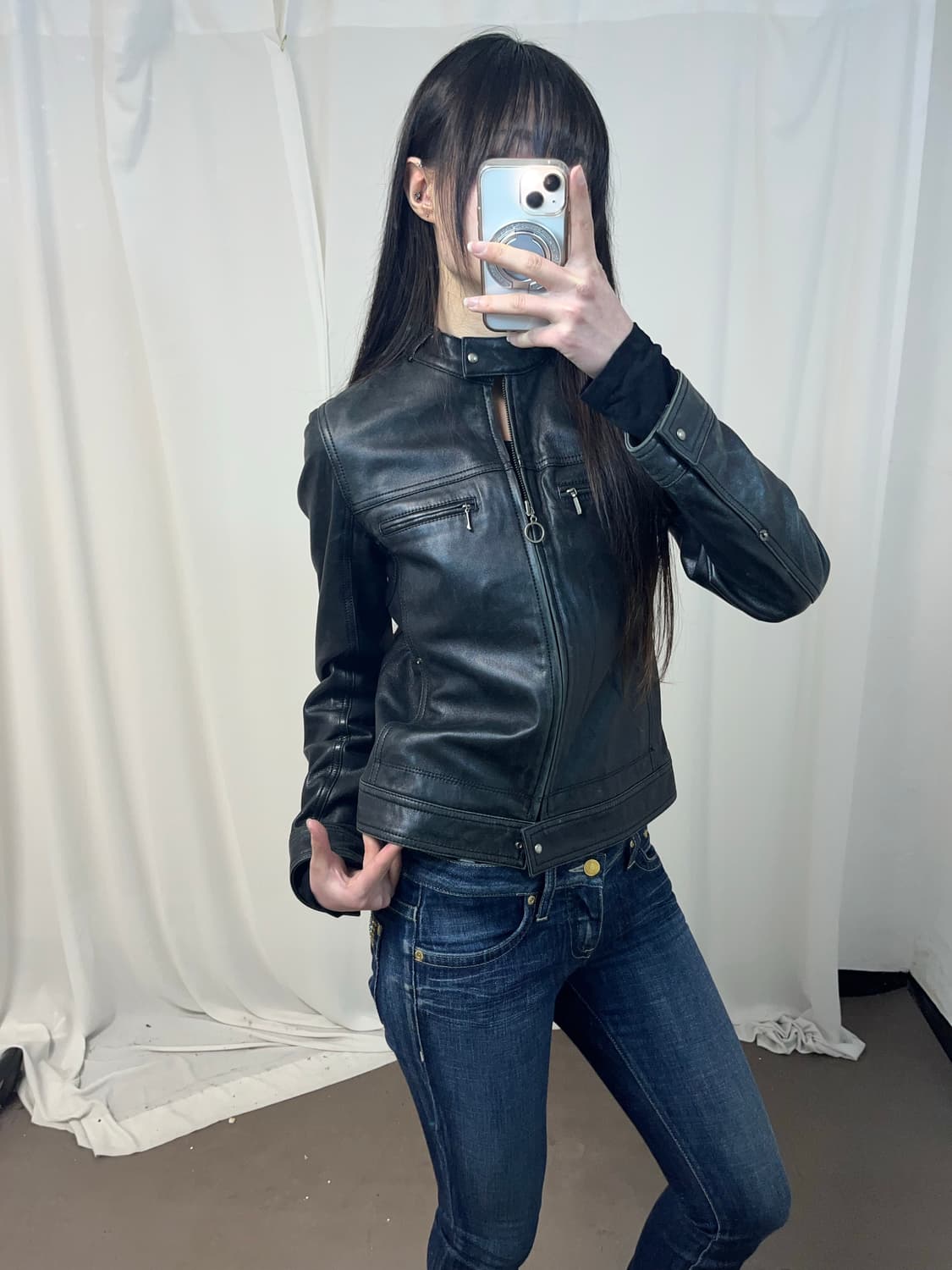 더블 지퍼포켓 블랙 레더 자켓 상품이미지7