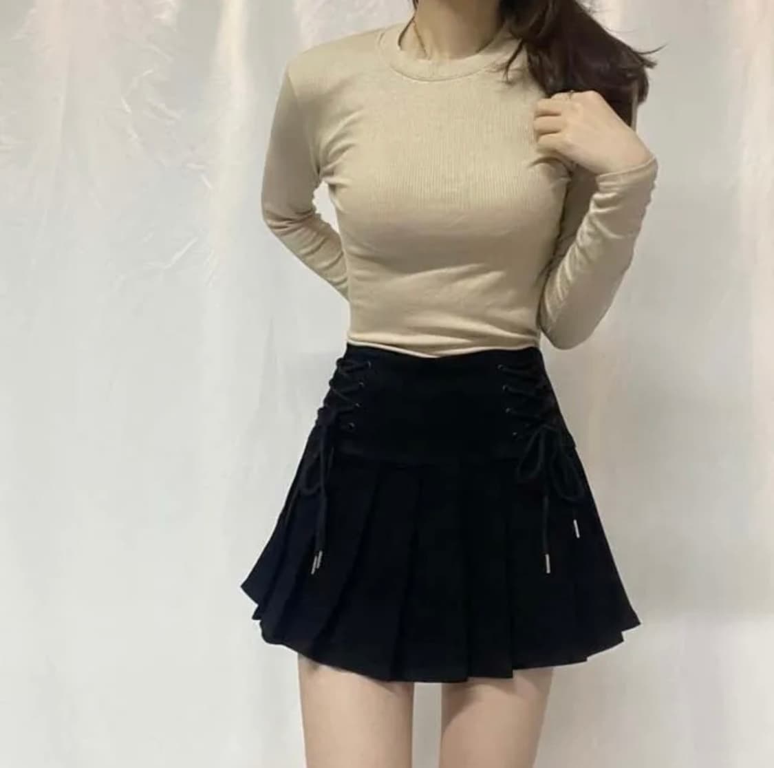 코르셋 스트링 플리츠 데님 스커트 – 블랙 상품이미지3