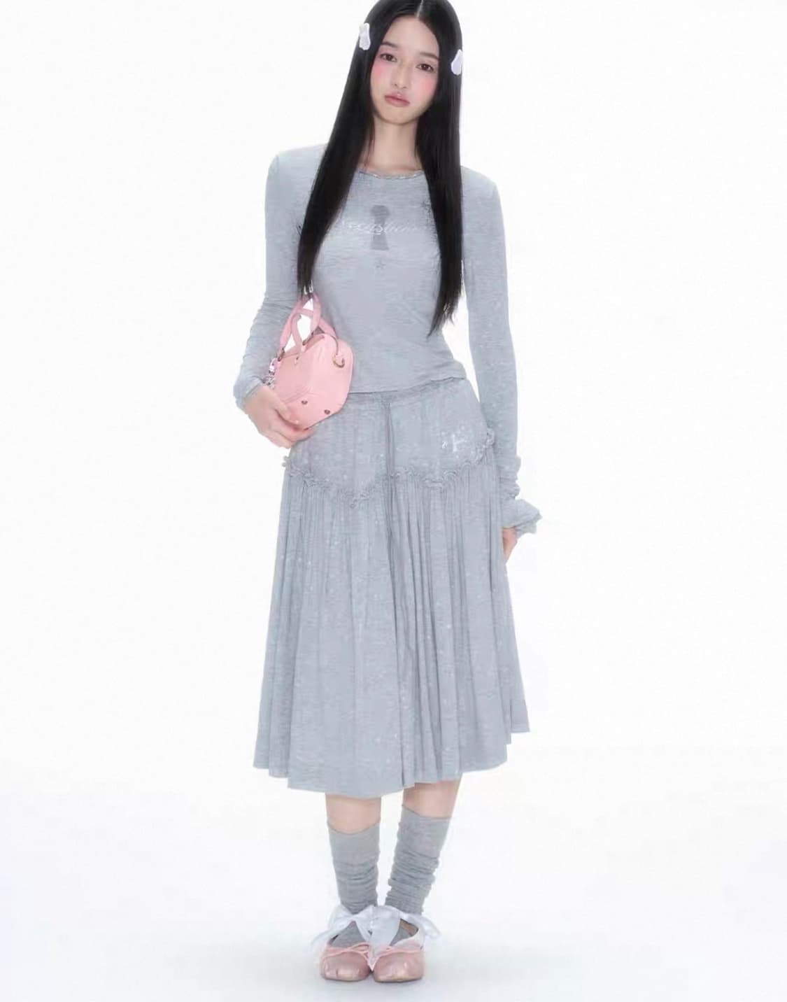 necy studio 중브 테스트메커니즘 그레이  도트 롱스커트 상품이미지2