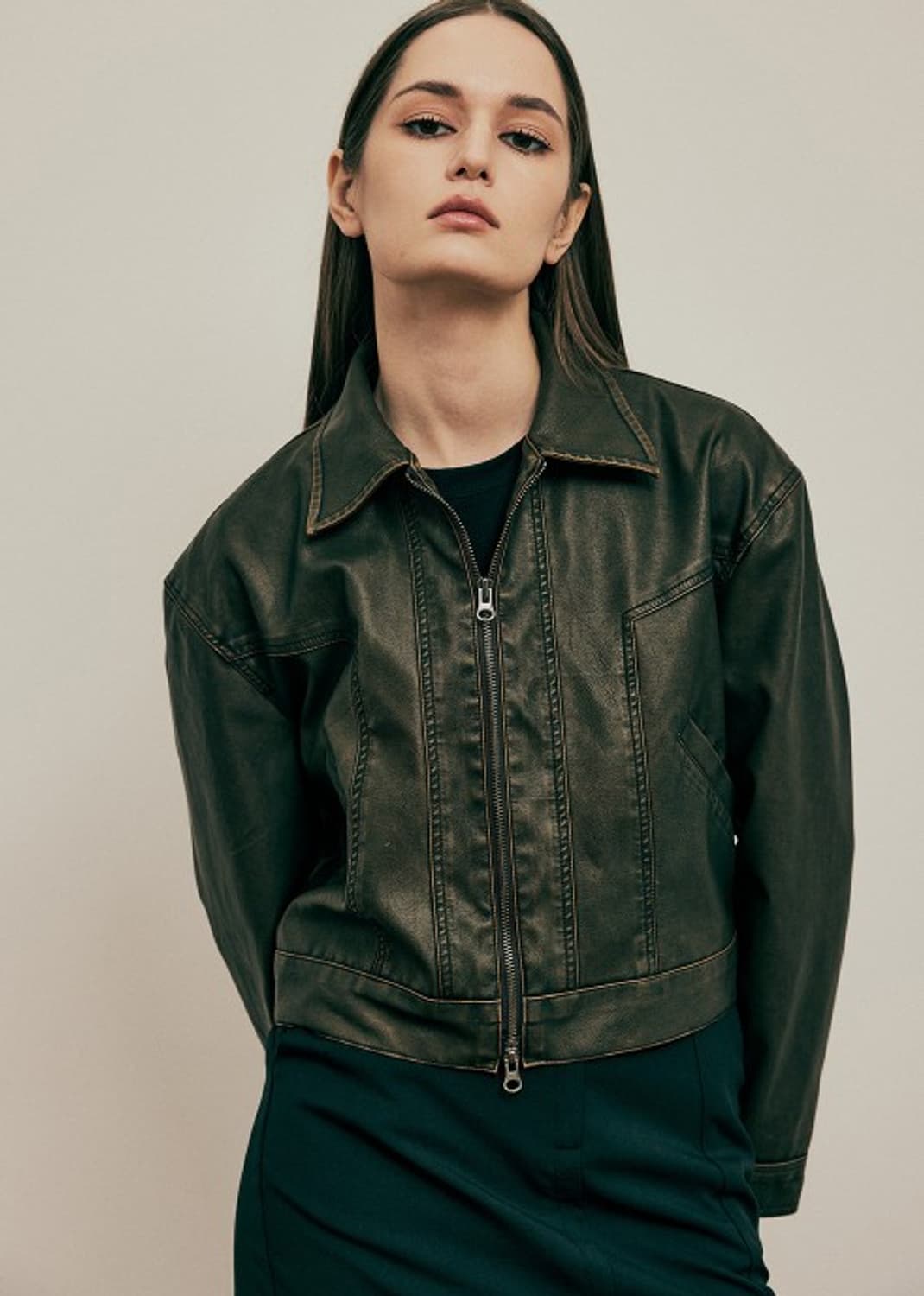 뮤추얼 MUTUAL 크롭 투웨이 스티치 가죽 자켓 PN5539 상품이미지2