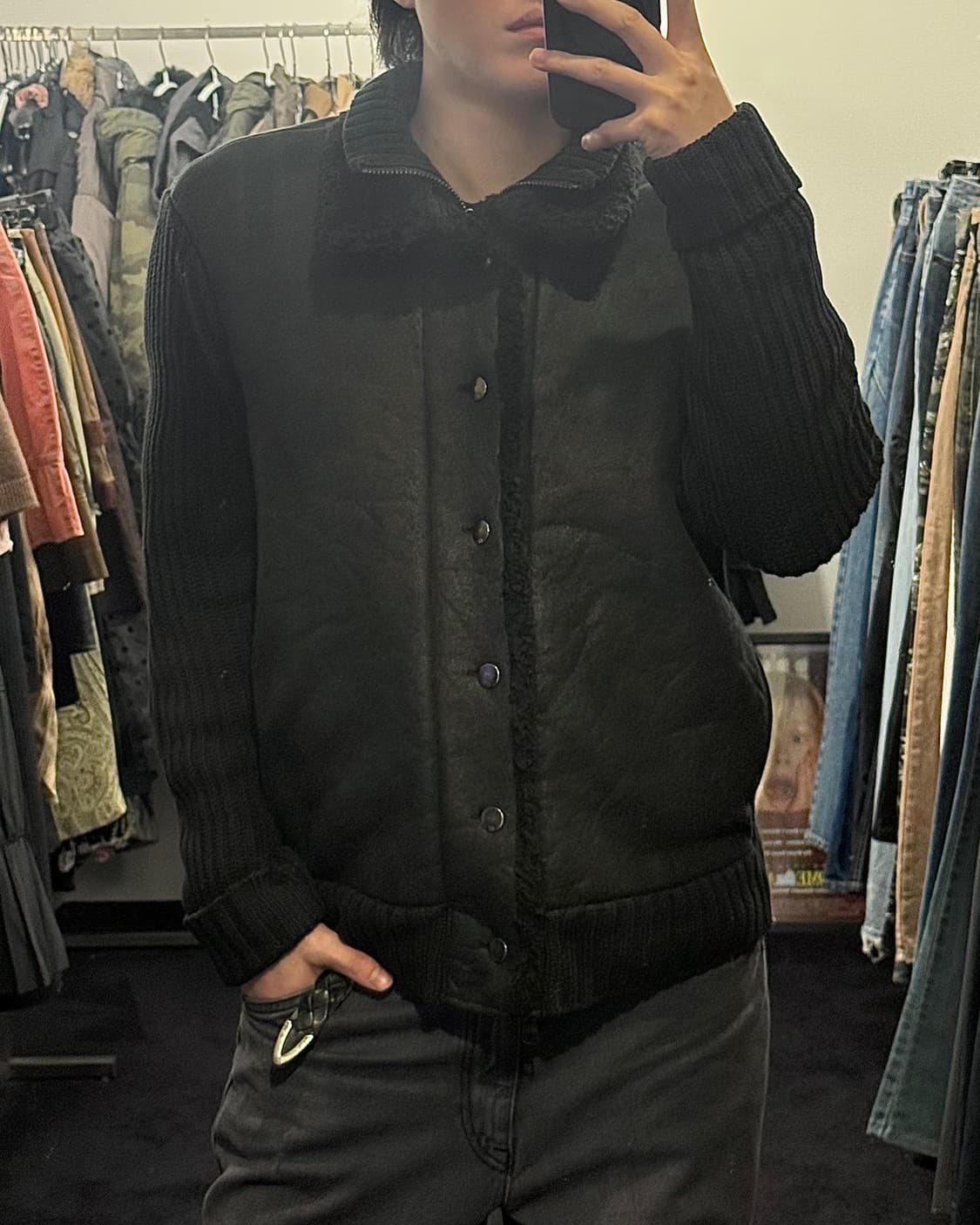 아르마니 블랙 레더 가죽 스웨터 니트 하이넥 가디건 집업 락 고스펑크 상품이미지1