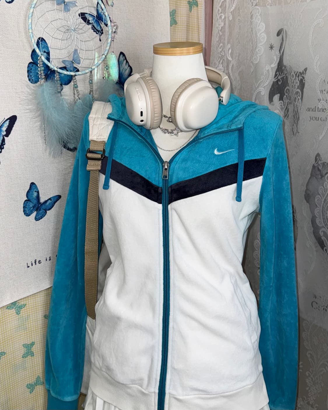 나이키 화이트 & 블루 테리 후드 집업 상품이미지2