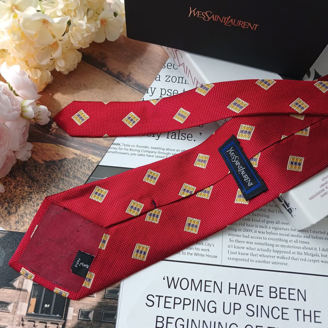 입생로랑 실크 레드 자카드 넥타이 9.6cm A등급 E958 상품이미지4