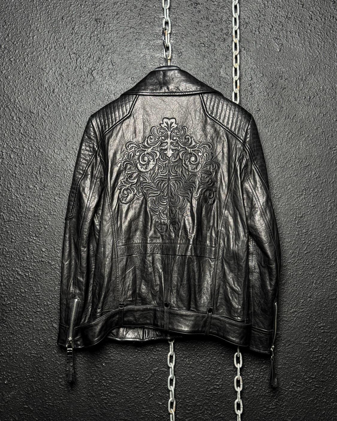 Black Embroidery Leather Rider Jacket  상품이미지1