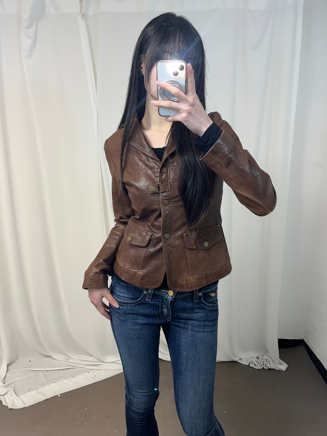 브라운 램스킨 버튼 기믹 레더 자켓 상품이미지1