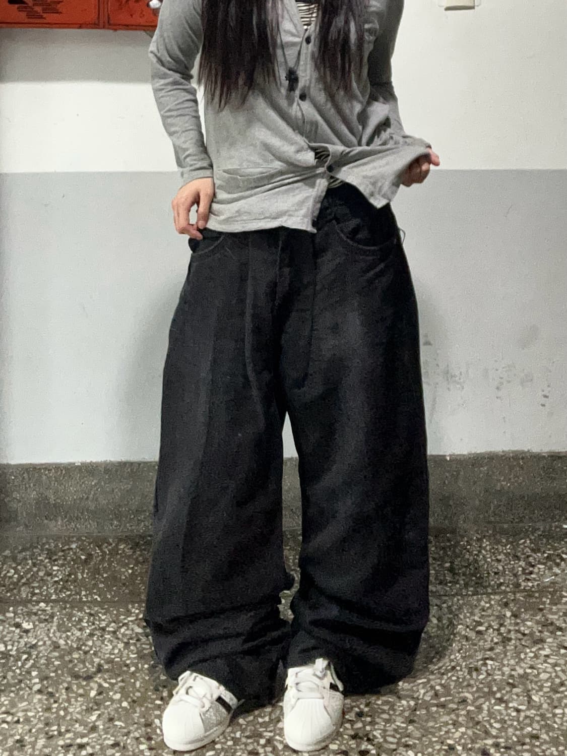 90s 블랙 백포켓 지퍼 워싱데님 와이드팬츠 상품이미지2