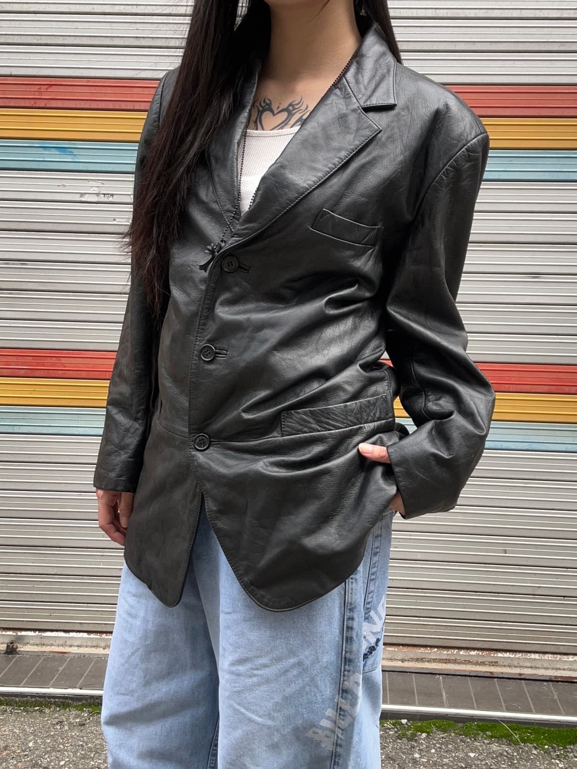 80s 빈티지 리얼 레더 블랙 블레이저 자켓 상품이미지2