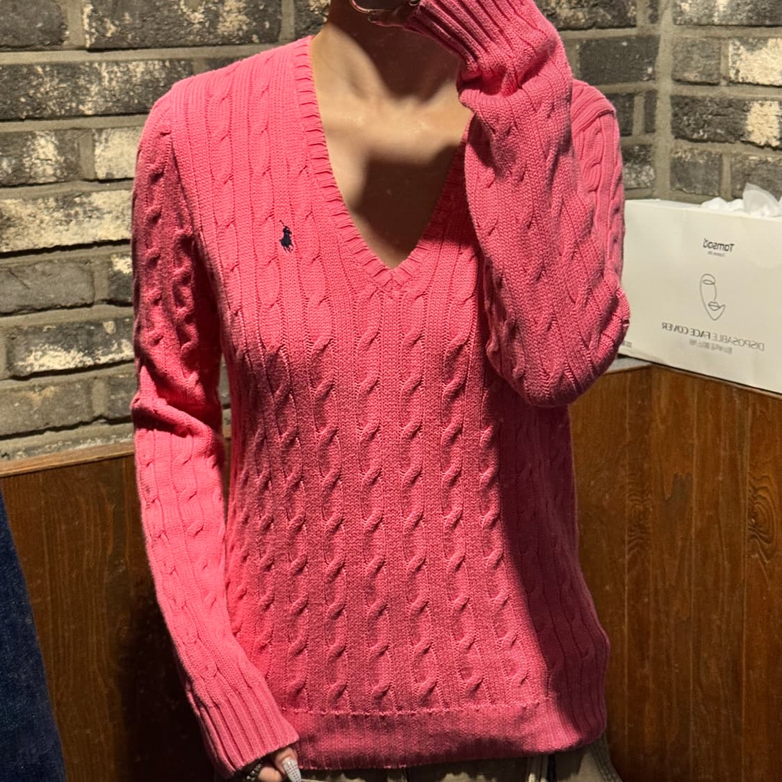L) 폴로 랄프로렌 핑크 코튼 케이블 꽈배기 브이넥 니트 상품이미지8