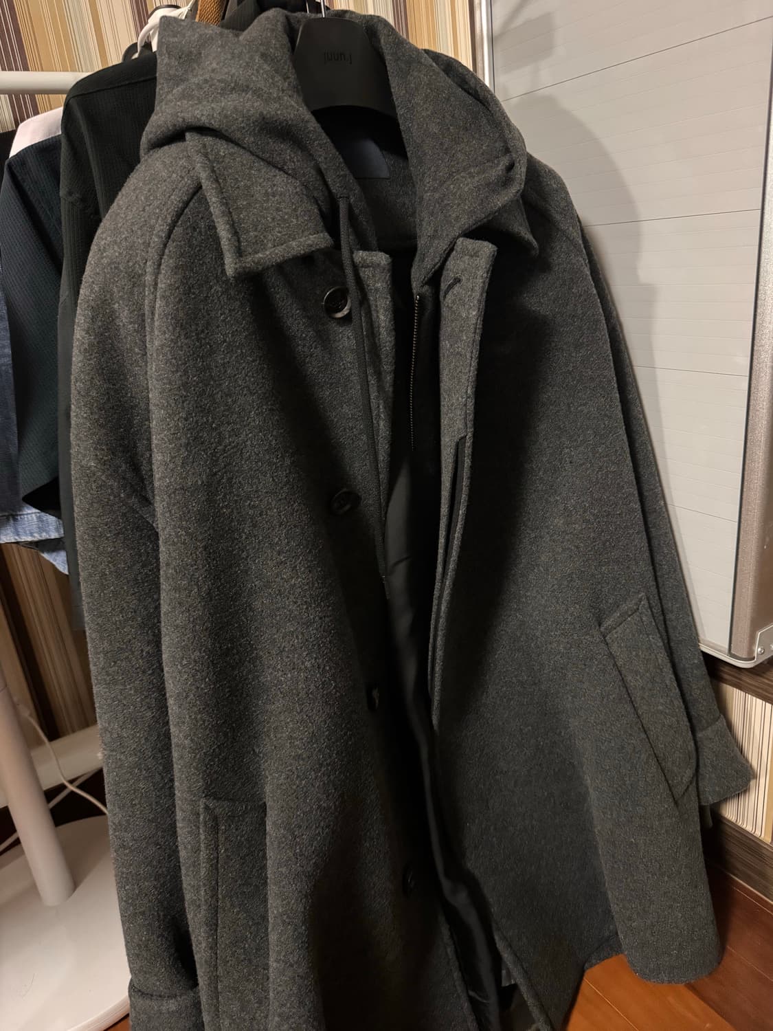 준지 울 캐시 후드 레이어드 미디 코트 - 그레이 상품이미지1