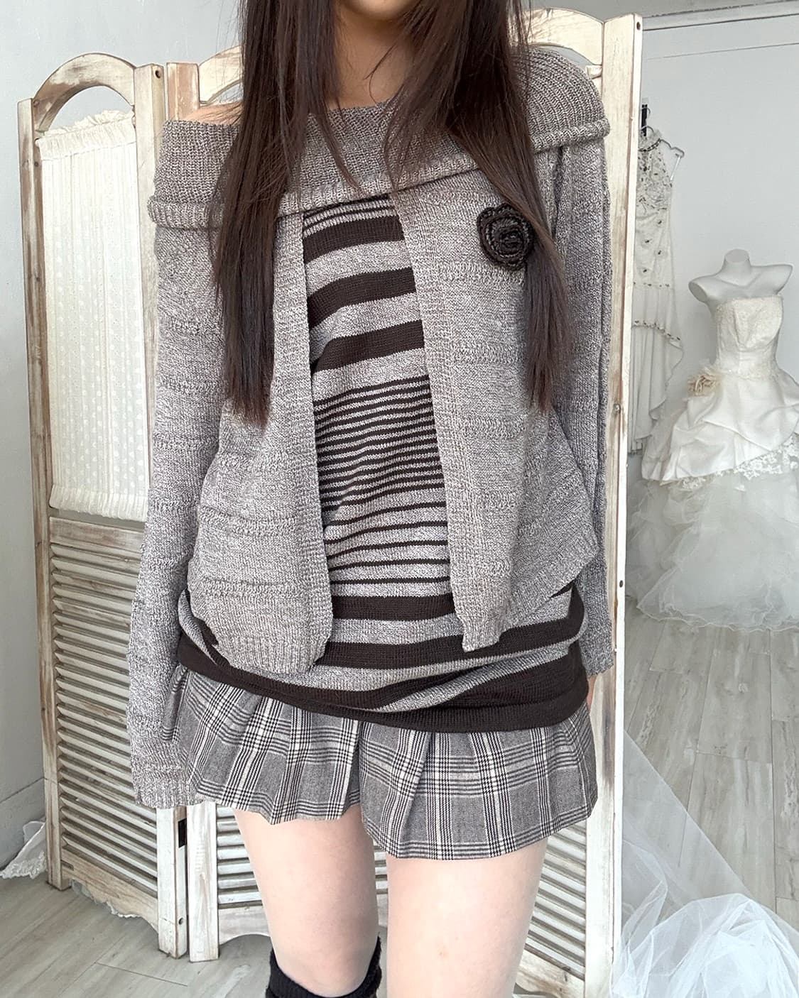 Mocha mousse check midi skirt pants  상품이미지2