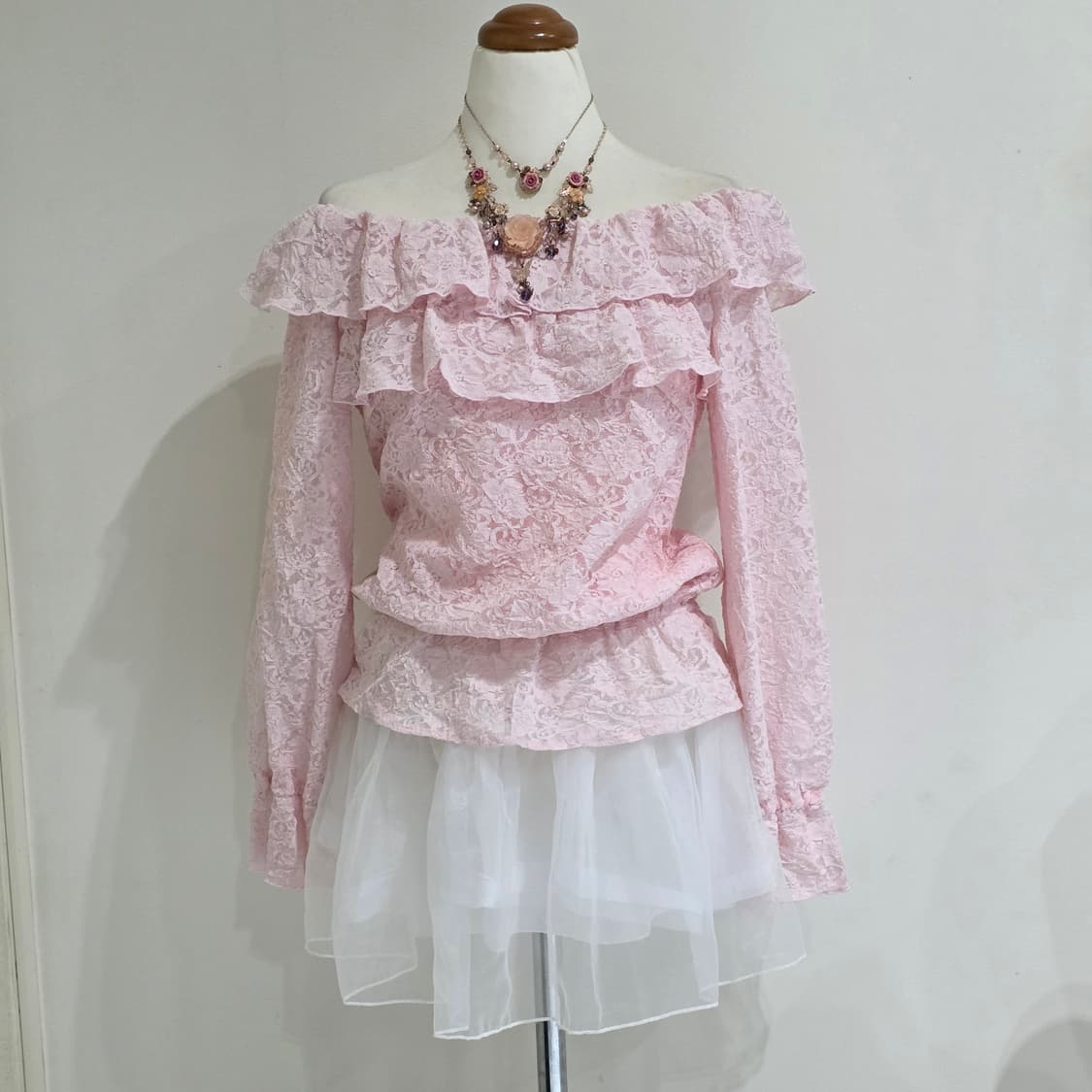 세실맥비 일본빈티지)핑크 딸기우유 히메카지갸루 레이스 오프숄더블라우스 상품이미지4