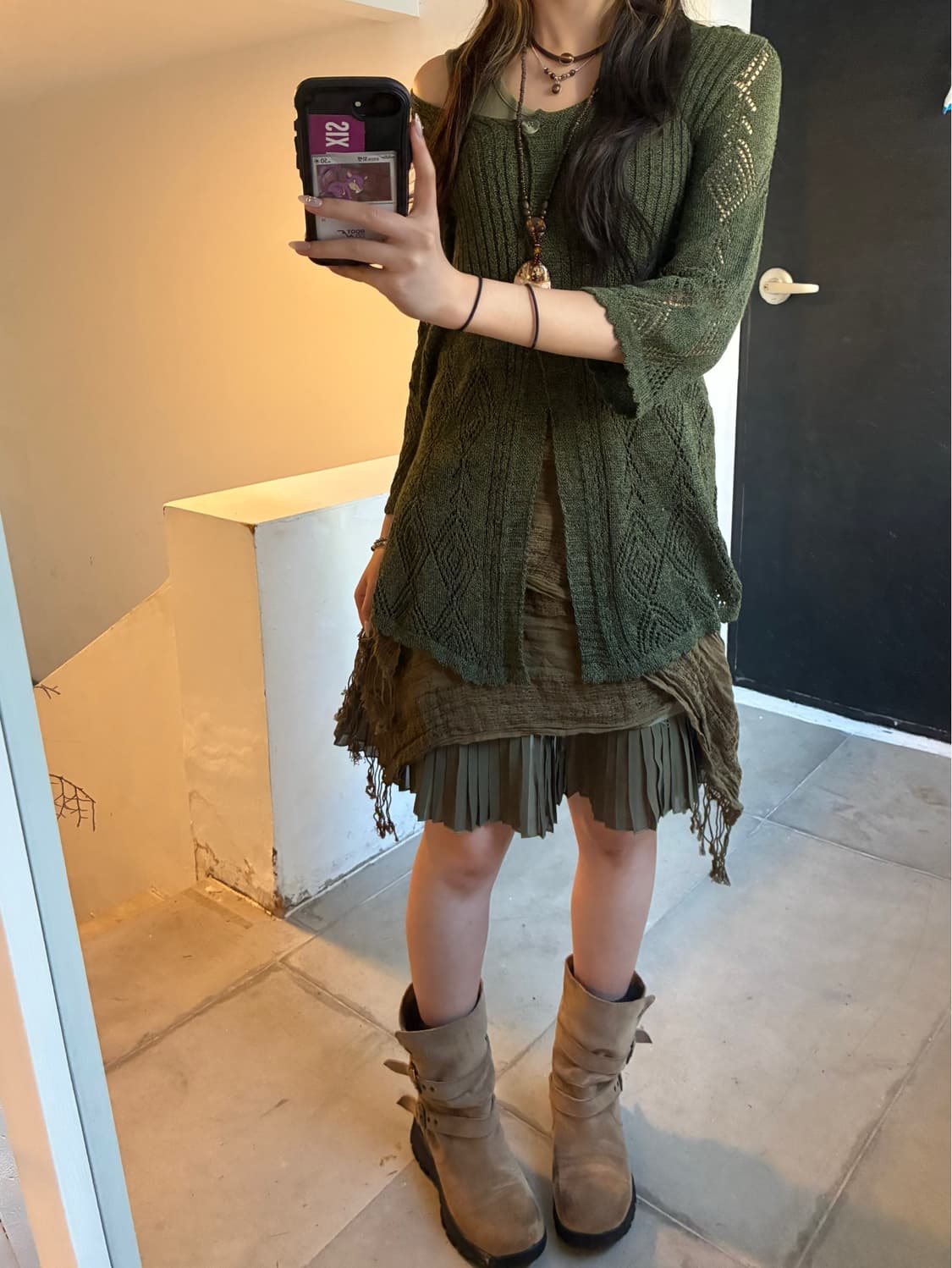Japanese vintage 크로셰 디테일 카키 머플러 상품이미지3