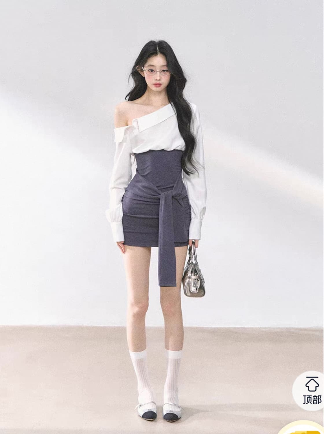 [중브/오프숄더 셔츠 리본 탑] 발레코어 오피스 데이트 블라우스 클리시어 상품이미지3