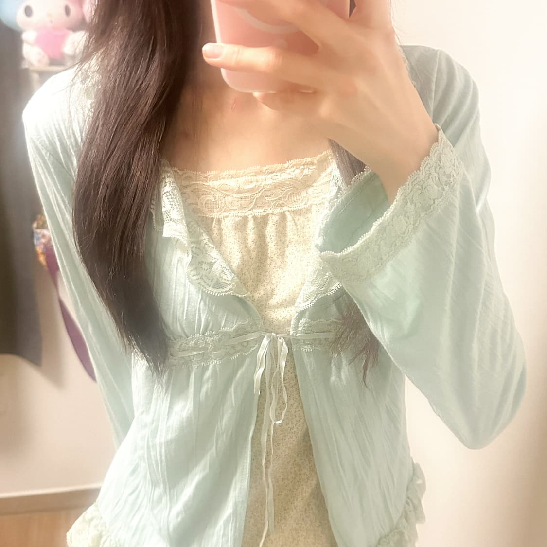빈티지 민트 레이스 플라워 나시 가디건 히메갸루 모리걸 아오이유우 하구미 상품이미지1