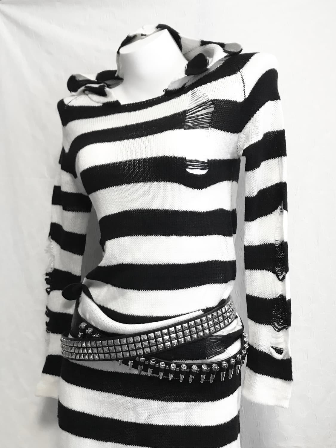 빈티지 펑크 데미지 스트라이프 후드 니트 원피스 상품이미지1